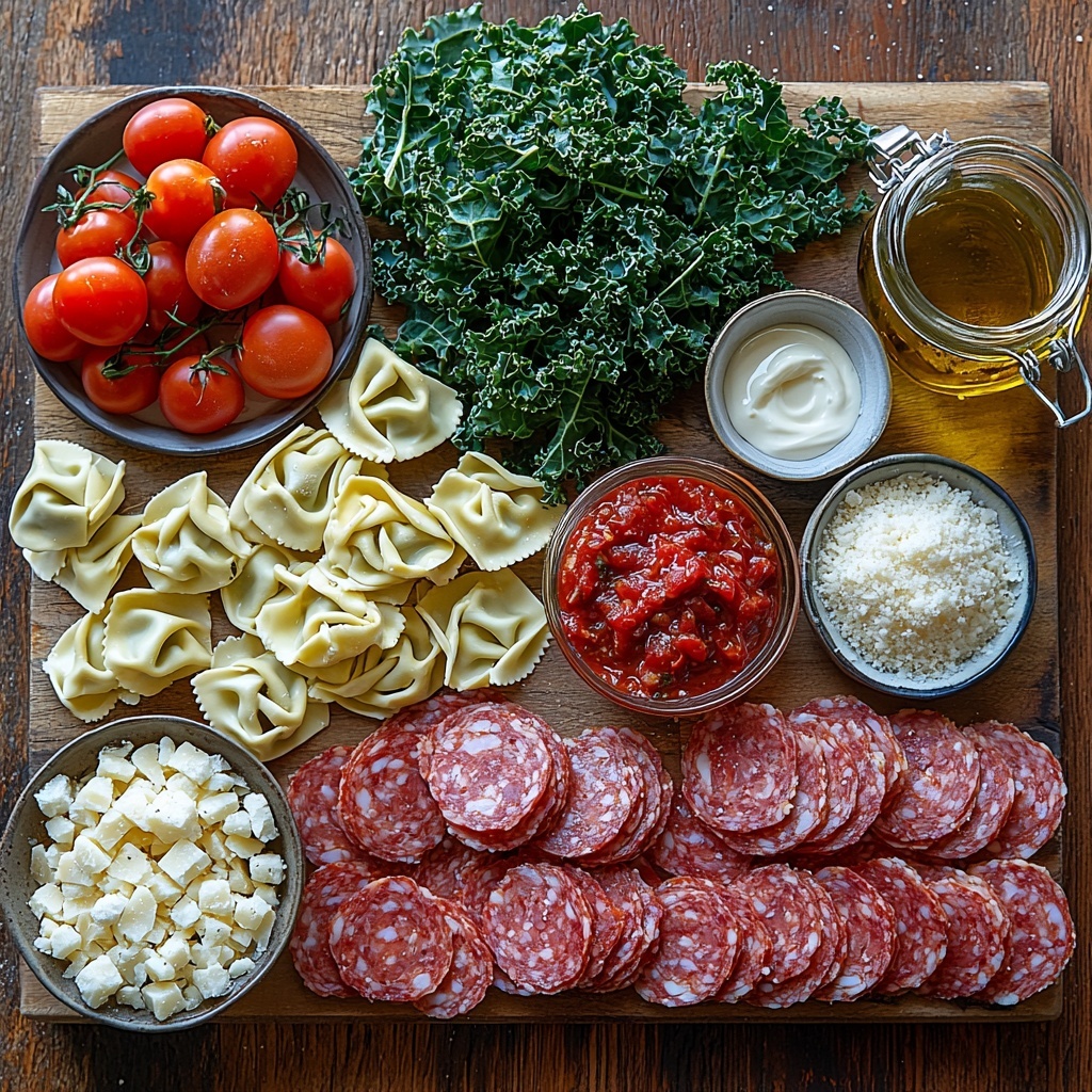 smoked sausage sliced into half rounds with rich reddish-brown color, minced medium onion with fine white and purple bits, peeled garlic cloves minced into small pieces, small dish of deep red tomato paste, fresh green kale leaves chopped into thin strips, bright green kale contrasting with some dark stems removed, fresh cheese tortellini with smooth, pale yellow dough, rustic parmesan cheese shavings with crumbly texture in a small bowl, golden olive oil pooled in a small glass container, dried oregano sprinkled lightly on a white ceramic spoon, whole bay leaf with muted olive green color, petite diced tomatoes in a small bowl with vibrant red and juicy texture, coarse kosher salt crystals scattered in a small dish, smooth creamy heavy cream in a small glass jug, all ingredients carefully arranged on a clean white marble surface with soft natural lighting, gentle shadows emphasizing textures, some rustic wooden cutting board and simple linen napkin nearby for warmth, overhead shot, top down view, flat lay photography, professional food styling --ar 1:1 --q 2 --s 750 --v 6.1