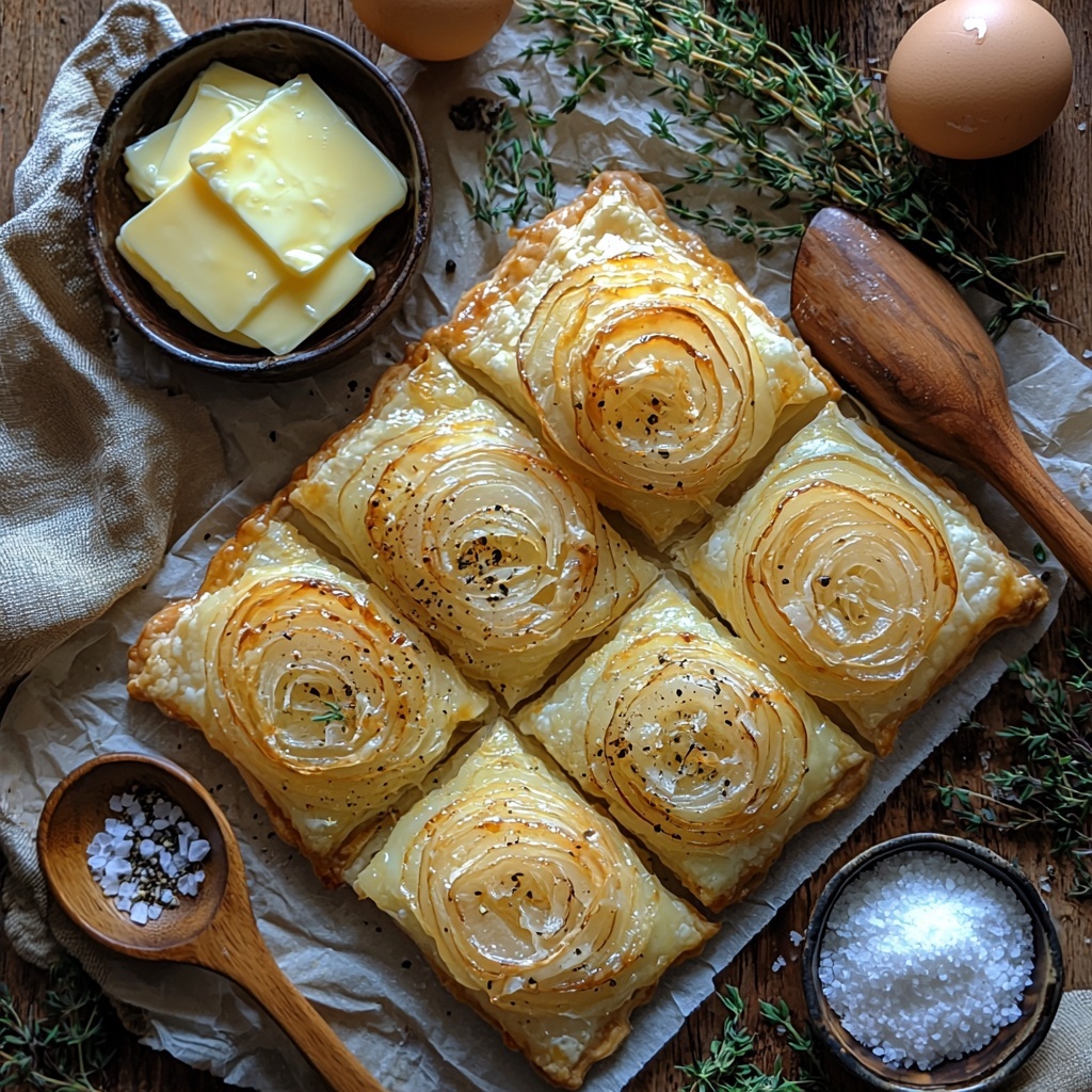 puff pastry sheets neatly folded on a clean white surface, three large yellow onions thinly sliced with translucent layers visible, small vintage skillet with golden caramelized onions glistening in butter and olive oil, a wooden spoon resting beside it, small bowl filled with shredded creamy Gruyère cheese with soft texture, sprigs of fresh green thyme leaves scattered artistically nearby, small glass bowl containing beaten glossy egg wash, a small dish with coarse salt and freshly cracked black peppercorns, warm natural lighting highlighting the soft yellows, golden browns, and creamy whites, subtle shadows adding depth, minimalist rustic props like a linen napkin partially visible, all arranged with ample negative space for a balanced, appetizing overhead shot, top down view, flat lay photography, professional food styling --ar 1:1 --q 2 --s 750 --v 6.1