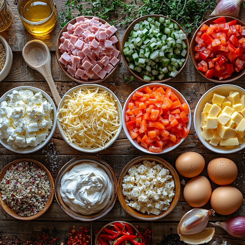 /Imagine a flat lay of all the main ingredients for a Hearty Keto Ham and Cheese Bake arranged neatly on a clean, light wooden surface. Small white bowls hold finely diced red peppers and green peppers alongside a bowl of finely diced onion, showcasing vibrant reds, greens, and purples. A mound of bright, shredded cheddar cheese (rich golden yellow) is sprinkled loosely, next to grated sharp Cabot cheese for texture. Next to it, a small glass bowl contains creamy, white heavy whipping cream and another with smooth sour cream, their textures creamy and glossy. Scattered near them are whole large brown eggs, some cracked open to reveal bright yolks. A small dish with pinkish diced cooked ham pieces is arranged with a wooden spoon resting beside it. Nearby, a small rustic bowl holds melted butter with a golden shine. Tiny piles of smoked paprika, black pepper, salt, and dry mustard powders sit in delicate ceramic dishes, their colors ranging from deep red paprika to pale yellow dry mustard. A light mist of avocado oil spray is suggested by a sleek spray bottle in frame. The setup is styled with soft natural daylight coming from the left, casting gentle shadows to enhance textures. The composition balances warm tones from cheese, ham, and butter with fresh crisp colors from peppers and onions, all on a neutral background to emphasize the vivid ingredients. Overhead shot, top down view, flat lay photography, professional food styling --ar 1:1 --q 2 --s 750 --v 6.1