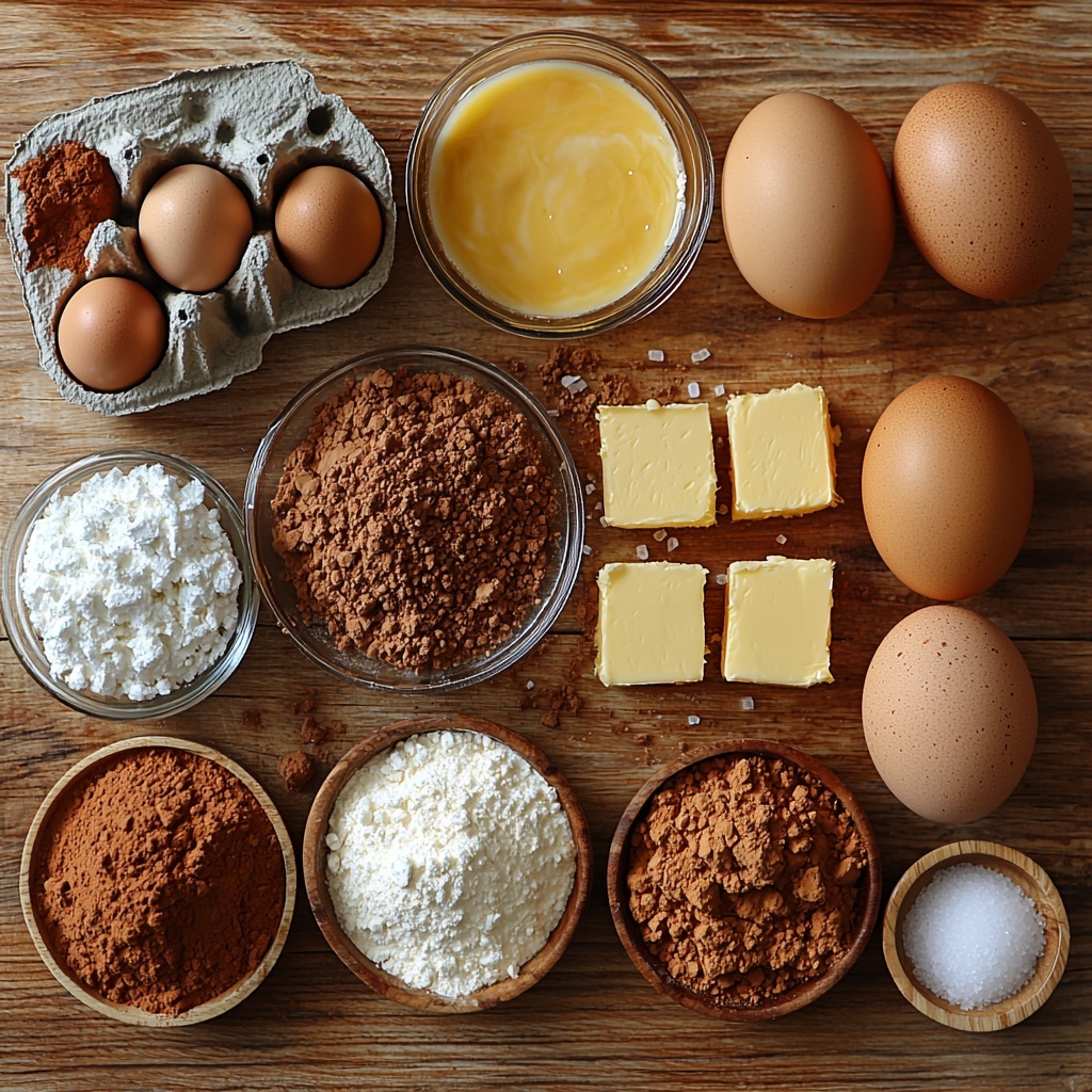 unsalted butter melted in a small glass bowl with a shiny golden color, a wooden spoon resting beside it; a heap of white granulated sugar sparkling under soft light; four large brown eggs with smooth shells arranged neatly; a small glass bowl of pure vanilla extract, dark amber liquid shimmering; a mound of pale all-purpose flour with soft powdery texture; a pile of rich dark cocoa powder, velvety and fine; a small wooden spoon containing fine white salt crystals; a block of creamy soft cream cheese on white parchment paper, smooth and slightly glossy; a small bowl of vibrant orange pumpkin puree with a smooth texture; another heap of granulated sugar similar to the first; two more brown eggs beside the first set; a tiny dish of cinnamon powder, warm reddish-brown and fine; a pinch of ground nutmeg, sandy texture with light brown color; a small amount of ground ginger, pale yellow and powdery; a tiny bowl of salt matching the previous salt spoon; all ingredients carefully spaced in natural groups on a clean light wood surface with soft natural daylight highlighting textures, subtle shadows adding depth; a rustic linen napkin folded nearby; overhead shot, top down view, flat lay photography, professional food styling --ar 1:1 --q 2 --s 750 --v 6.1