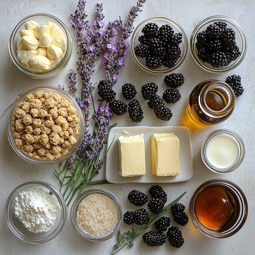 A clean white surface neatly arranged with all the main ingredients for no-bake mini blackberry lavender cheesecakes: a small bowl of golden graham cracker crumbs with a slightly crumbly texture, a small glass measuring cup of melted unsalted butter with a smooth, glossy sheen, a small bowl of fine white granulated sugar sparkling softly, a large block of creamy white softened cream cheese on a simple white plate, a small jar of vanilla extract with a dark amber color, a small bowl filled with fresh plump blackberries showing deep purple and black hues, a small glass bowl of vibrant lemon juice glowing bright yellow, a delicate bundle of dried lavender flowers with soft purple-gray tones, a small clear bowl of heavy cream with a rich creamy texture, a small bowl of fine white sugar, a tiny glass bowl containing clear gelatin powder, a small pitcher of blackberry syrup with a thick, glossy, deep purple color, and a few fresh sprigs of bright green lavender leaves scattered artfully around. The ingredients are spaced evenly with subtle shadows, vibrant colors, and natural textures emphasizing freshness and rustic elegance. Soft natural light casts gentle highlights and enhances the contrast between the creamy, crumbly, and juicy elements. Overhead shot, top down view, flat lay photography, professional food styling --ar 1:1 --q 2 --s 750 --v 6.1