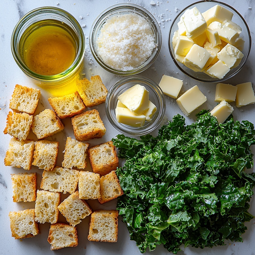 A clean, bright white surface with an elegant, organized flat lay arrangement of ingredients for a Parmesan Kale Crouton Salad. Include a small glass jar of golden olive oil shimmering in the light, a clear small bowl of white vinegar reflecting soft highlights, and a small glass container with fresh lemon juice showing a pale yellow tint next to a small dish of fresh orange juice with a vibrant orange hue. A finely minced shallot with delicate purple and white tones is neatly placed near a tiny heap of coarse salt. Arrange 6-8 rustic French bread or baguette slices stacked slightly overlapping, showcasing their crusty golden-brown texture. A small bowl of melted butter glistens with a warm yellow glow. Next to it, a shallow dish brimming with freshly grated Parmesan cheese, showing pale off-white, fluffy texture. Spread out a generous pile of bright, finely chopped fresh kale leaves with deep green color and natural curly texture, highlighting the freshness. The ingredients are spaced evenly with natural shadows and soft, diffused lighting to emphasize textures and colors, styled with minimal props to maintain focus on the raw ingredients. Overhead shot, top down view, flat lay photography, professional food styling --ar 1:1 --q 2 --s 750 --v 6.1