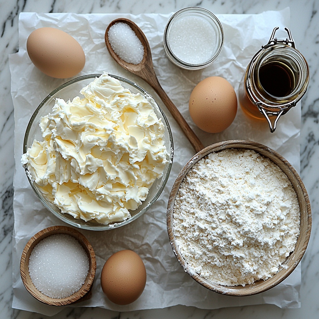 cream cheese softened smooth and creamy, granulated sugar sparkling white crystals in a small bowl, two large brown eggs with smooth shells, a glass measuring cup filled with rich heavy cream, small glass bottle with vanilla extract amber liquid, a tiny bowl with fine white salt, a small pile of all-purpose flour soft powdery texture on parchment paper; all ingredients carefully arranged on a clean white marble surface with natural soft daylight illuminating from the side, subtle shadows adding depth, minimalistic styling with wooden mixing spoon and vintage metal sifter nearby, warm neutral tones highlighting the creamy and natural textures, slight rustic touch with crumpled parchment paper under the flour, overhead shot, top down view, flat lay photography, professional food styling --ar 1:1 --q 2 --s 750 --v 6.1