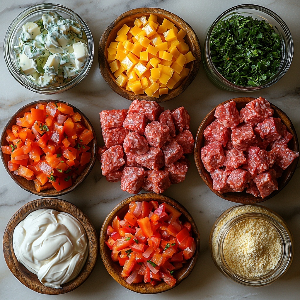 A clean white marble surface with all the ingredients for Cattle Drive Casserole neatly arranged in a visually balanced flat lay: a mound of pinkish lean ground beef next to a small bowl of deep red diced red bell pepper and another bowl with finely chopped pale yellow onion; a small rustic bowl holding bright green diced green chiles; a small heap of golden yellow shredded cheddar Fiesta cheese blend; a measuring cup filled with milky white sour cream alongside a jar with creamy off-white mayonnaise; a small glass bowl with vibrant red mild salsa; a neat pile of textured light beige biscuit mix (Bisquick); a clear glass of water; a small shaker of fine garlic powder and a small ramekin of orange-brown taco seasoning mix. The ingredients are styled with natural light, soft shadows, and a touch of greenery from fresh herbs subtly placed at the edges for warmth. The textures range from creamy, crumbly, juicy, and shredded, creating contrast and depth. Overhead shot, top down view, flat lay photography, professional food styling --ar 1:1 --q 2 --s 750 --v 6.1