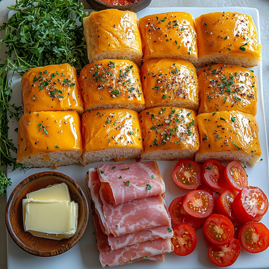 A clean, bright surface with a neatly arranged flat lay of ingredients for Hawaiian Roll Grilled Cheese: a full sheet of golden, soft Hawaiian sweet rolls horizontally sliced in half, several slices of smooth, bright orange cheddar cheese fanned out, a small bowl of creamy softened butter with a butter knife resting beside it, thin delicate slices of pink ham layered in a small stack, a few vibrant red tomato slices on a white plate, and a small wooden bowl with sprinkled garlic powder. Natural warm lighting highlights the soft, pillowy texture of the rolls, the melted sheen of butter, and the vivid colors of the cheese and ham, with subtle shadows adding depth. Simple, modern styling with minimal props to keep focus on ingredients, clean white or light wooden background, delicate sprigs of fresh herbs for a touch of green. overhead shot, top down view, flat lay photography, professional food styling --ar 1:1 --q 2 --s 750 --v 6.1