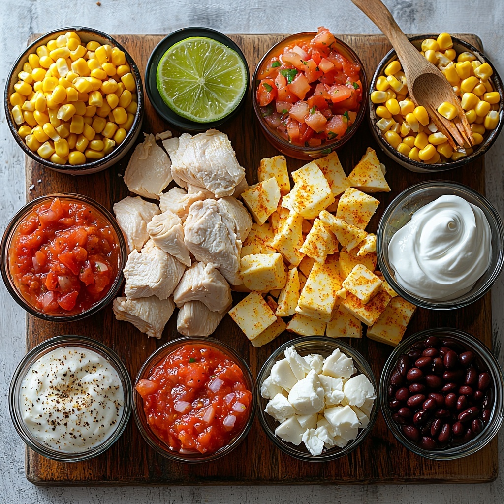A clean white surface neatly arranged with the main ingredients for Chicken Enchilada Chili: a small glass bowl of golden olive oil glistening under light, finely diced white onion in a rustic ceramic bowl, bite-size raw chicken breast pieces laid out on a wooden cutting board, coarse salt and cracked black pepper in small white ramekins, two open cans revealing vibrant red Rotel diced tomatoes with green chilies and bright red and green enchilada sauces in contrasting glossy textures, a wooden spoon resting beside a heap of warm yellow cumin powder, a small jar of rich brown Better than Bouillon chicken base, a bowl of bright yellow frozen corn kernels with hints of char from fire-roasting, two small bowls filled with glossy black beans, a pile of freshly grated Mexican cheese blend with white and pale yellow hues, a smooth dollop of creamy white sour cream in a delicate bowl, a halved lime showing bright green flesh, and several golden corn tortillas stacked with a subtle texture edge. The ingredients are spaced evenly, balanced to highlight contrasting colors and textures—rough, smooth, glossy, matte—against the clean backdrop, complemented with soft natural light casting minimal shadows. Overhead shot, top down view, flat lay photography, professional food styling --ar 1:1 --q 2 --s 750 --v 6.1