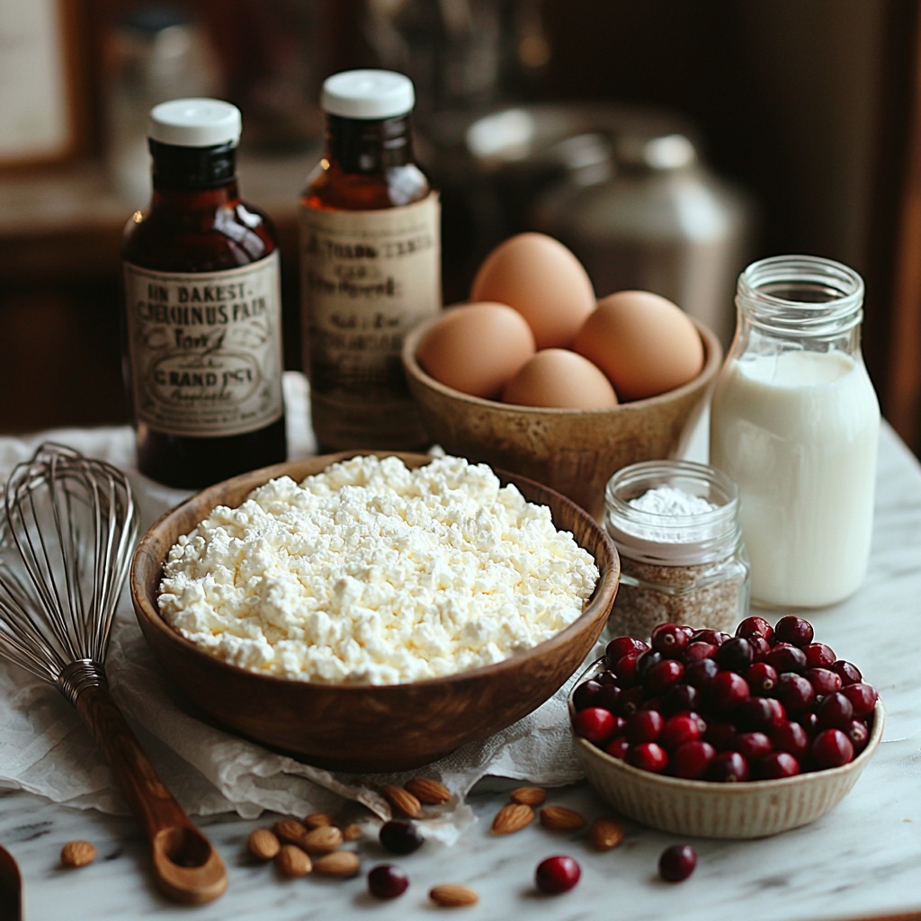Almond Cranberry Cake ingredients arranged neatly on a clean white marble surface: small glass bowls filled with all-purpose flour, baking powder, baking soda, and salt; a wooden spoon resting in a bowl of softened unsalted butter and another with vegetable oil; a clear measuring cup of granulated sugar; two large eggs with smooth shells beside a small bottle of vanilla extract and a tiny vial of pure almond extract; a ceramic bowl with sour cream next to a small jug of milk; a rustic bowl brimming with fresh bright red cranberries showcasing their glossy texture; a small ramekin holding sliced almonds, revealing their delicate, pale color; a heap of powdered sugar on fine parchment paper with a small whisk nearby; all ingredients spaced evenly, styled with linen napkins in soft neutral tones, natural soft window light casting gentle shadows, minimalistic and airy composition emphasizing the contrasting textures and vibrant reds, whites, and earth tones — overhead shot, top down view, flat lay photography, professional food styling --ar 1:1 --q 2 --s 750 --v 6.1