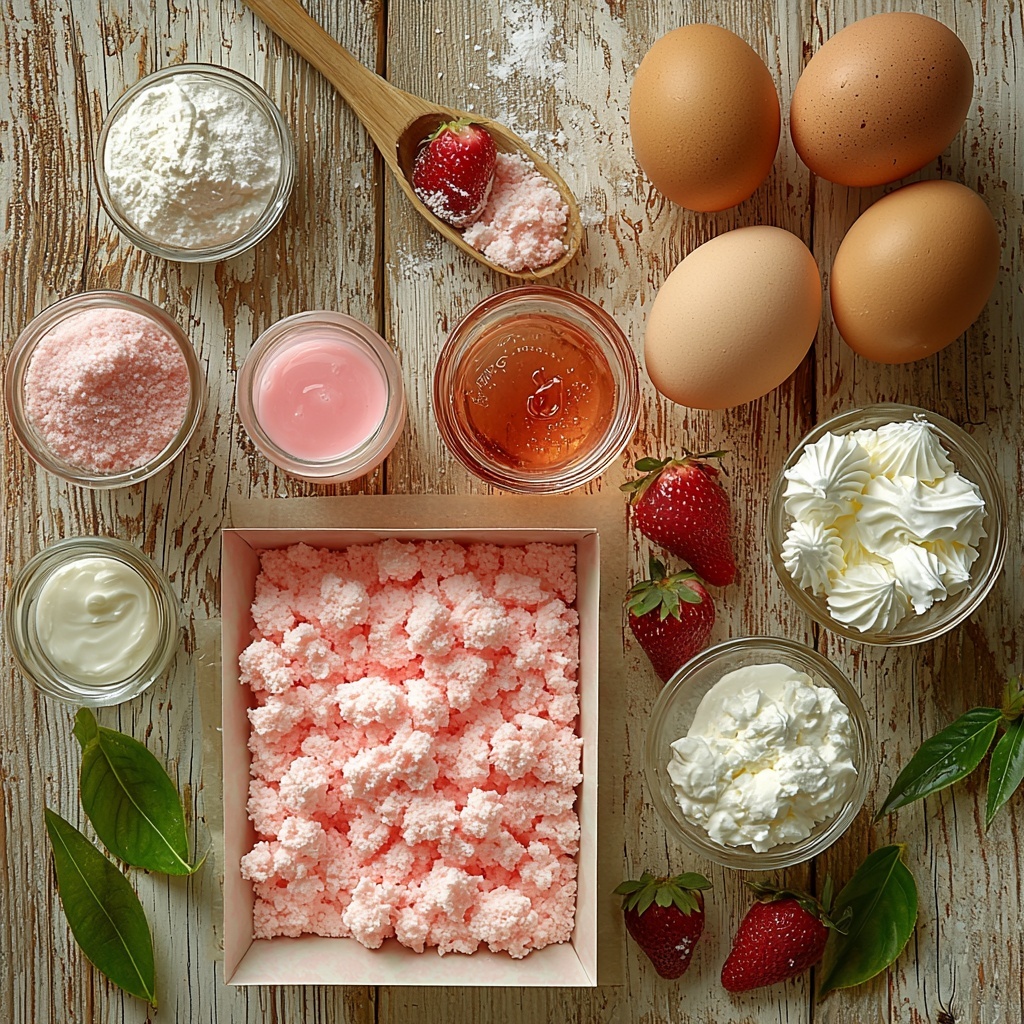 strawberry cake mix in an open pastel pink box with visible powder texture, glass measuring cup filled with bright pink guava nectar, three brown eggs with smooth shells arranged neatly, small glass bowl of clear liquid coconut oil, two glass bottles of guava nectar showing vibrant pink juice, white granulated sugar in a small rustic ceramic bowl, fine white cornstarch in a wooden spoon, a clear glass cup with water, a creamy block of soft cream cheese on parchment paper, another small bowl with fine white sugar, glass bowl with velvety vanilla extract, fluffy white Cool Whip dollop in a small transparent bowl, all ingredients artfully spaced on a clean light wooden surface with soft natural lighting, subtle shadows enhancing colors and textures, minimalistic styling with a touch of tropical vibe, scattered tropical leaves and a small knife for cream cheese adding visual interest, overhead shot, top down view, flat lay photography, professional food styling --ar 1:1 --q 2 --s 750 --v 6.1