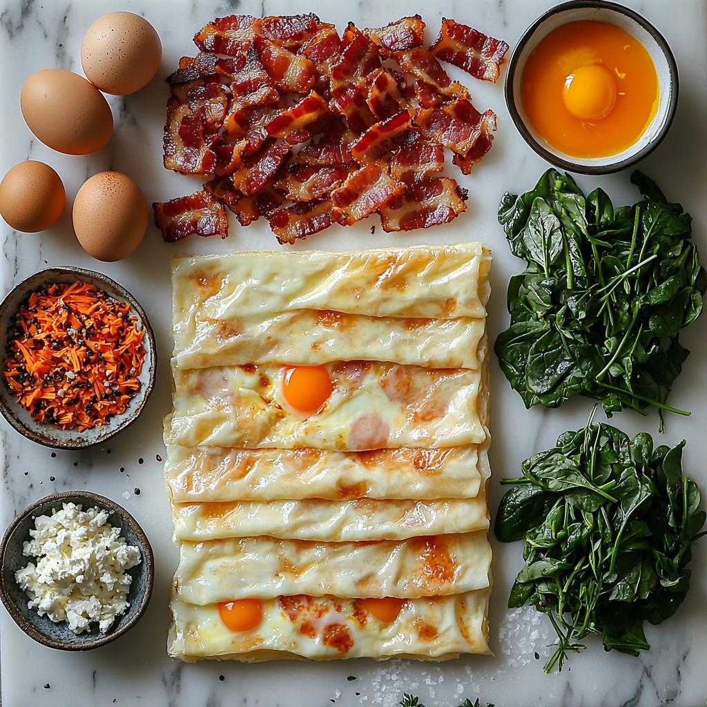 A clean white marble surface arranged with the main ingredients for baked bacon, egg, and cheese spinach feta puff pastry pinwheels: a square sheet of golden, flaky puff pastry slightly dusted with flour, four large brown-speckled eggs in a rustic bowl next to a small glass bowl of pale creamy milk, crispy cooked bacon strips broken into crumbled pieces scattered artfully, a small mound of vibrant green sautéed spinach leaves with glistening texture, a neat pile of bright orange shredded cheddar cheese alongside a smaller heap of crumbly white feta cheese, a small dish with a beaten egg wash showing glossy yellow liquid, and a sprinkling of coarse salt and cracked black peppercorns placed around the scene. The ingredients are thoughtfully spaced for balance with natural window light casting gentle shadows, some fresh herbs subtly placed for a pop of deeper green color, minimal props to keep focus on textures and colors, styled with a clean, modern aesthetic. Overhead shot, top down view, flat lay photography, professional food styling --ar 1:1 --q 2 --s 750 --v 6.1