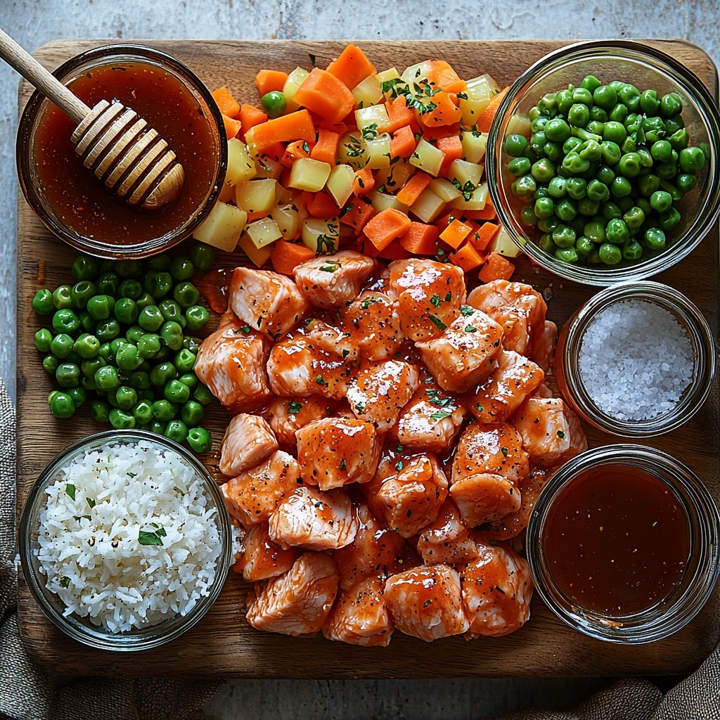 boneless skinless chicken thighs cut into bite-sized pieces, uncooked long-grain rice in a small bowl, chicken broth in a clear glass measuring cup, rich dark reddish-brown BBQ sauce in a small white dish, golden amber honey in a small glass jar with honey dipper, garlic powder and onion powder sprinkled on rustic wooden surface, small heap of smoked paprika powder with deep red color, coarse salt and black peppercorns scattered artistically, a cup of vibrant mixed vegetables with green peas, orange carrots, and yellow corn, fresh chopped green onions and parsley leaves for garnish, all ingredients arranged neatly on a clean white textured background with natural light highlighting the colors and textures, minimal shadows, rustic wooden spoon and linen napkin placed for styling, overhead shot, top down view, flat lay photography, professional food styling --ar 1:1 --q 2 --s 750 --v 6.1