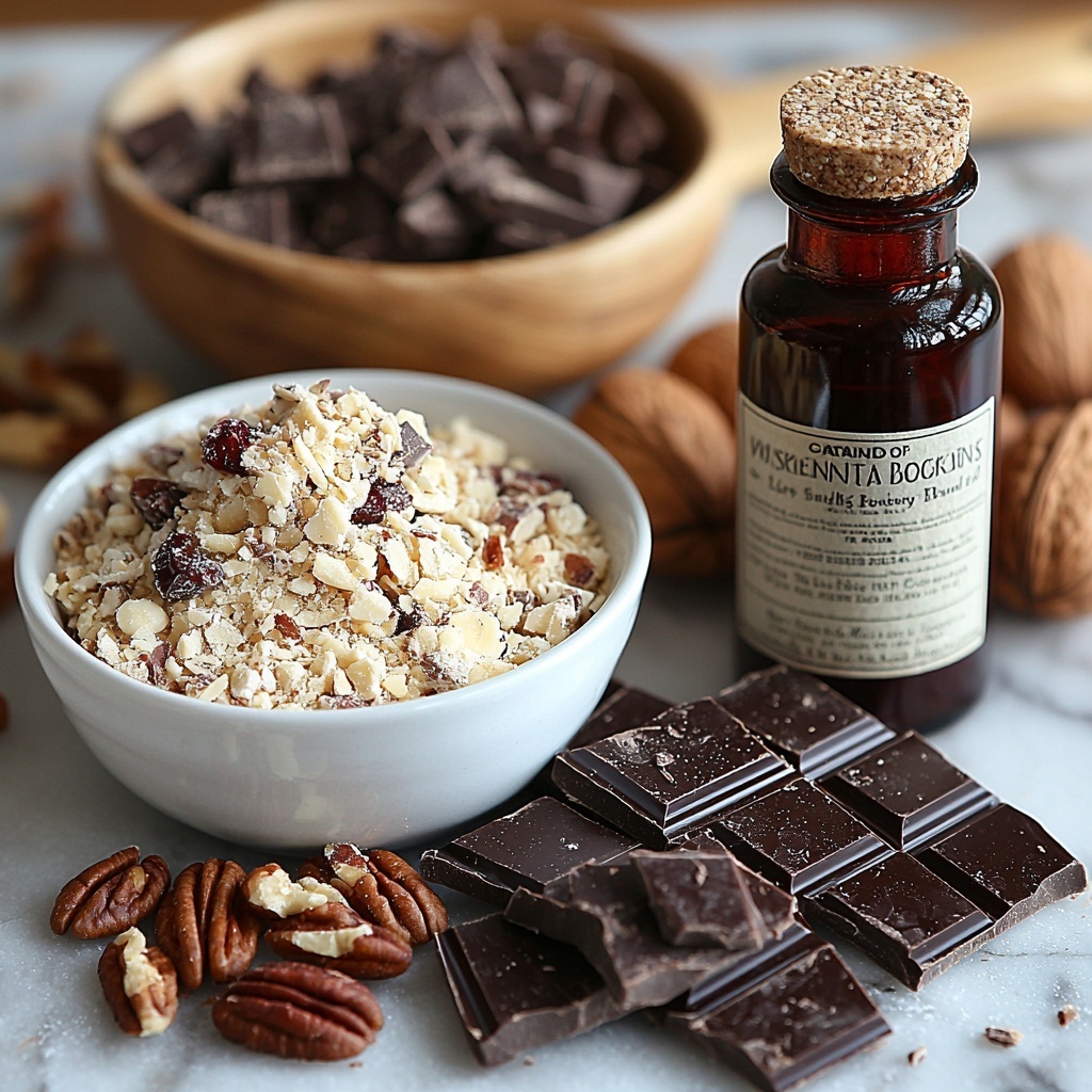 finely crushed graham crackers in a small white bowl, half cup of chopped nuts (walnuts and pecans) scattered neatly on a wooden surface, one cup of powdered sugar in a rustic ceramic bowl with a small wooden scoop, half cup of melted unsalted butter in a clear glass bowl showing its golden texture, a small bottle of deep red Cherry Bourbon Extract with label visible, eight ounces of glossy semi-sweet chocolate chunks arranged in a neat pile, all ingredients spaced evenly and artistically on a clean light marble countertop, warm natural lighting highlighting the varied textures from crumbly graham crackers and rough nuts to smooth butter and glossy chocolate, minimal shadows, subtle hints of rustic kitchen tools like a wooden spoon and parchment paper edges partially visible, overhead shot, top down view, flat lay photography, professional food styling --ar 1:1 --q 2 --s 750 --v 6.1