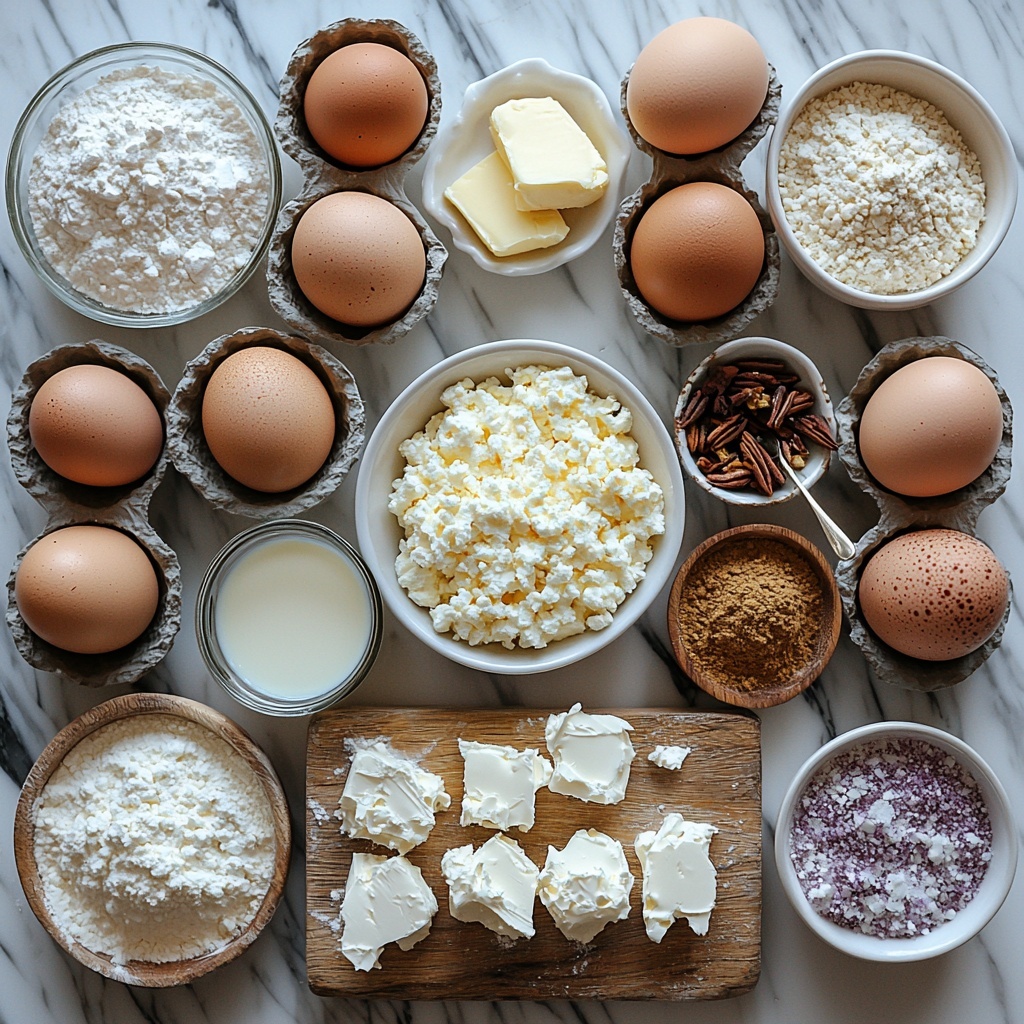2 1/4 teaspoons active dry yeast in a small glass bowl, 1/2 cup warm milk in a clear measuring cup, 1/2 cup granulated sugar in a white ceramic bowl, 1/2 cup unsalted butter softened and slightly melted on a small wooden board, 1 teaspoon salt in a tiny white dish, 1 teaspoon ground cinnamon in a rustic shallow bowl, 4 large brown eggs arranged neatly on a smooth marble surface, 4 cups all-purpose flour lightly scattered in a mound with some spilled for texture, three small bowls each filled with vibrant purple, green, and yellow colored sugars, 1 cup cream cheese softened in a small white ramekin with a silver spoon, 1 cup powdered sugar dusted lightly on the surface for contrast, 2 tablespoons milk in a petite glass jug. Ingredients laid out in an organized but natural arrangement on a clean white marble countertop, accentuated by soft natural light to highlight textures and colors, minimal shadows, focus on the contrast between the colorful sugars and neutral tones of flour, butter, and eggs. The composition balanced with a mix of bowls, cups, and raw ingredients creating visual interest and a festive Mardi Gras vibe. Overhead shot, top down view, flat lay photography, professional food styling --ar 1:1 --q 2 --s 750 --v 6.1