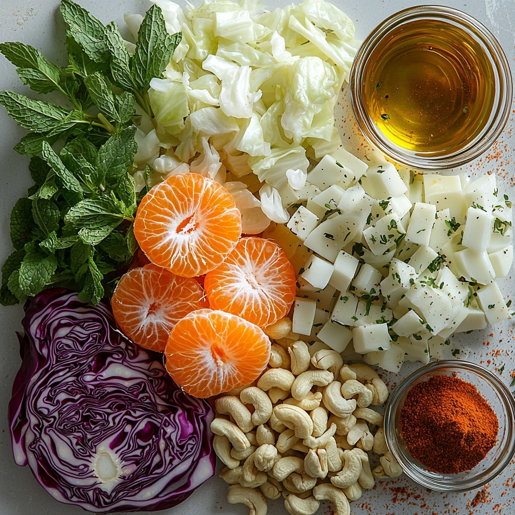 A bright and colorful flat lay of the main ingredients for Winter Cabbage Salad arranged neatly on a clean white surface. A pile of thinly sliced deep purple-red cabbage with delicate layers visible, next to a small mound of thinly sliced pale green and white fennel bulb with feathery fronds. A cluster of bright green scallion rings showing both tender white and vivid green parts. Fresh mint leaves, vibrant emerald green and finely sliced, scattered lightly nearby. Three whole mandarins with smooth orange skin, one peeled to reveal juicy bright orange segments arranged attractively. A small bowl with golden brown spiced cashews coated with dark brown sugar and flecks of cayenne and smoked paprika. Tiny piles of coarse kosher salt and freshly ground black pepper, and a small heap of deep red sumac powder with a slightly grainy texture. A clear glass container with golden olive oil catching the light, and a small bowl of white wine vinegar with subtle sheen. The surface is minimal and bright, with soft natural lighting highlighting the vibrant colors and contrasting textures. The composition is balanced and spacious, emphasizing freshness and inviting crisp, clean flavors. Overhead shot, top down view, flat lay photography, professional food styling --ar 1:1 --q 2 --s 750 --v 6.1