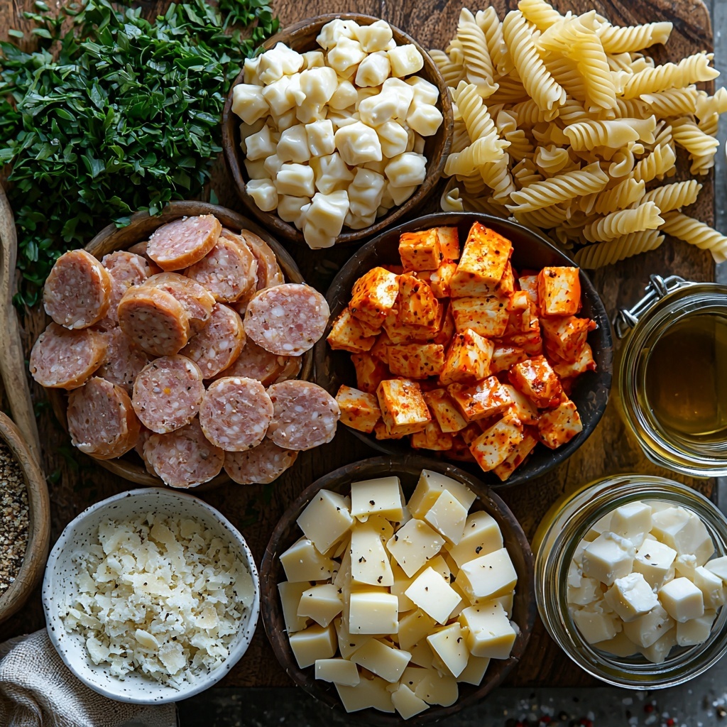 Turkey sausage slices arranged in a small rustic bowl, diced boneless skinless chicken breasts neatly cubed on a wooden cutting board, uncooked rotini or penne pasta elegantly scattered in a small mound, a clear glass measuring cup filled with golden olive oil, a small white bowl holding diced onion next to a cluster of peeled garlic cloves, a vintage jar brimming with bright shredded Pepper Jack cheese showing orange and white marbled textures, a small ramekin filled with finely grated Parmesan cheese dusted with pale ivory, a white ceramic cup containing creamy heavy cream, a clear glass measuring cup with rich golden chicken broth, fresh green chopped parsley loosely piled on a white ceramic plate, a small wooden spoon artfully placed near a sprinkling of Italian seasoning, coarse salt and cracked black peppercorns scattered sparingly on the clean white surface. The arrangement is balanced and airy with natural light highlighting the vibrant colors and varied textures, minimal shadows, a clean white or light wood backdrop for warmth, styled with rustic kitchen props like a linen napkin and wooden utensils for an inviting, fresh feeling. overhead shot, top down view, flat lay photography, professional food styling --ar 1:1 --q 2 --s 750 --v 6.1