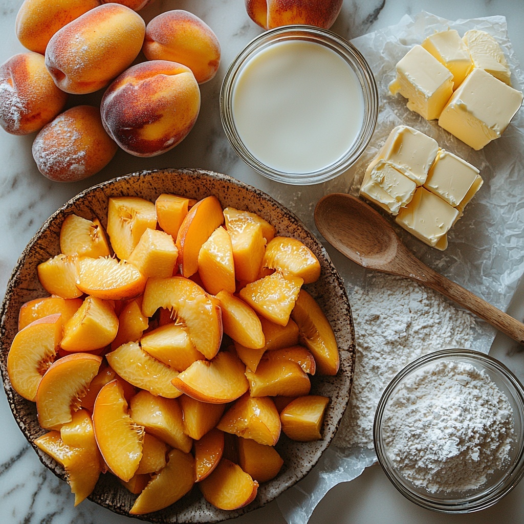 fresh sliced peaches in vibrant orange and yellow hues arranged in a rustic bowl, a neat pile of all-purpose flour on a ceramic plate, sparkling white granulated sugar in a small glass bowl, a wooden spoon resting beside a heap of baking powder and salt on parchment paper, a clear measuring cup filled with creamy white milk, a square stick of glossy melted unsalted butter in a small white dish, another small bowl filled with extra granulated sugar for topping, all ingredients spaced evenly on a clean white marble surface with soft natural light casting gentle shadows, subtle texture contrasts between smooth glass, rustic ceramics, and the softness of fruit, minimalistic styling with a warm, inviting feel, overhead shot, top down view, flat lay photography, professional food styling --ar 1:1 --q 2 --s 750 --v 6.1