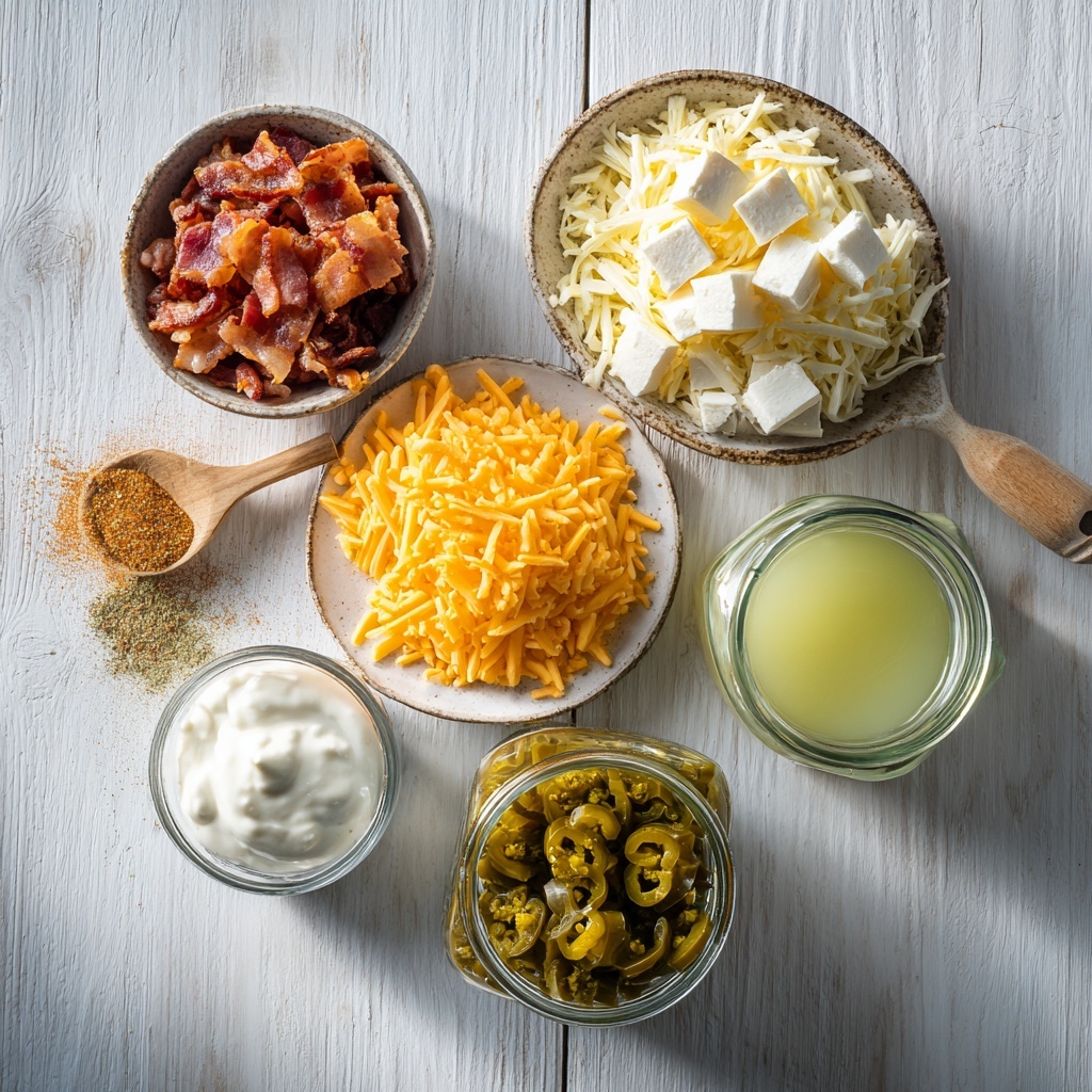bacon cooked and crumbled in a small rustic bowl, soft cubed cream cheese neatly stacked on a white ceramic plate, smooth sour cream in a glass ramekin, shredded sharp cheddar cheese bright orange piled loosely on parchment paper, shredded Monterey Jack cheese creamy white arranged in a small heap, diced green pickled jalapeños in a vintage jar with some spilled on the surface, small glass bowl with translucent jalapeño juice showing light green tint, wooden spoon dusted with garlic powder and onion powder lightly scattered nearby, all ingredients arranged thoughtfully on a clean light wood surface with natural soft daylight highlighting vibrant colors and varied textures, subtle shadows adding depth, minimal props for a fresh and inviting look, overhead shot, top down view, flat lay photography, professional food styling --ar 1:1 --q 2 --s 750 --v 6.1