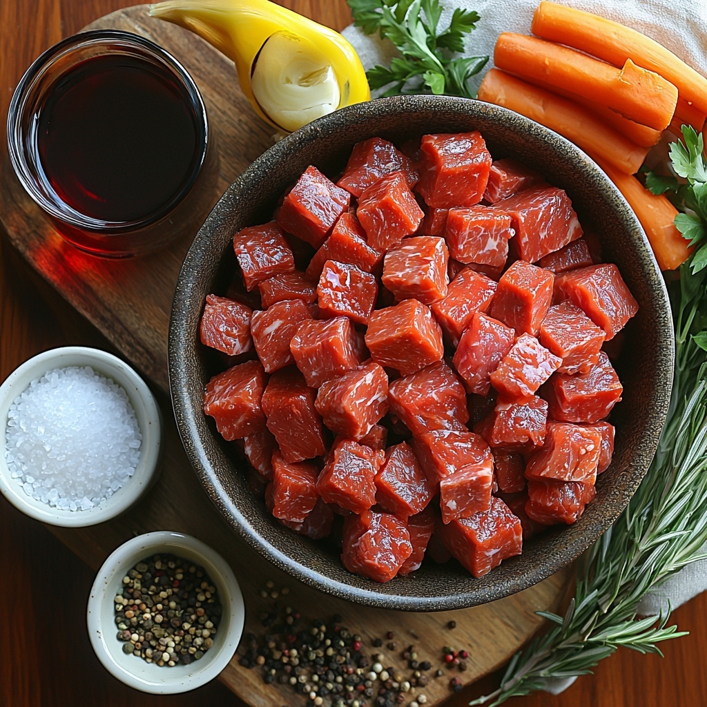 Beef chuck cubes rich deep red in a rustic bowl, coarse salt crystals sprinkled nearby, small heap of cracked black pepper, a small glass bowl of golden vegetable oil with a subtle sheen; chopped white onions with translucent layers, minced garlic cloves scattered delicately; vibrant piles of sweet paprika powder in warm red tones, all-purpose flour dusted softly on a wooden surface; a dark glass bottle of red wine with deep ruby liquid visible, next to a bowl of rich brown beef broth; small container of thick, glossy tomato paste in bright red, dried caraway seeds and ground marjoram arranged artfully on a white ceramic spoon; sprigs of dried rosemary and two whole bay leaves displayed on a natural linen cloth; a small glass bowl with deep red wine vinegar; fresh parsley bright green leaves fanned out; peeled carrot pieces in vivid orange chunks and mixed red and orange bell pepper pieces arranged side by side, all on a clean, neutral matte background with soft natural daylight highlighting textures and colors, shadows soft and diffused, minimalistic white ceramic bowls and wooden serving boards enhancing rustic authenticity, overhead shot, top down view, flat lay photography, professional food styling --ar 1:1 --q 2 --s 750 --v 6.1