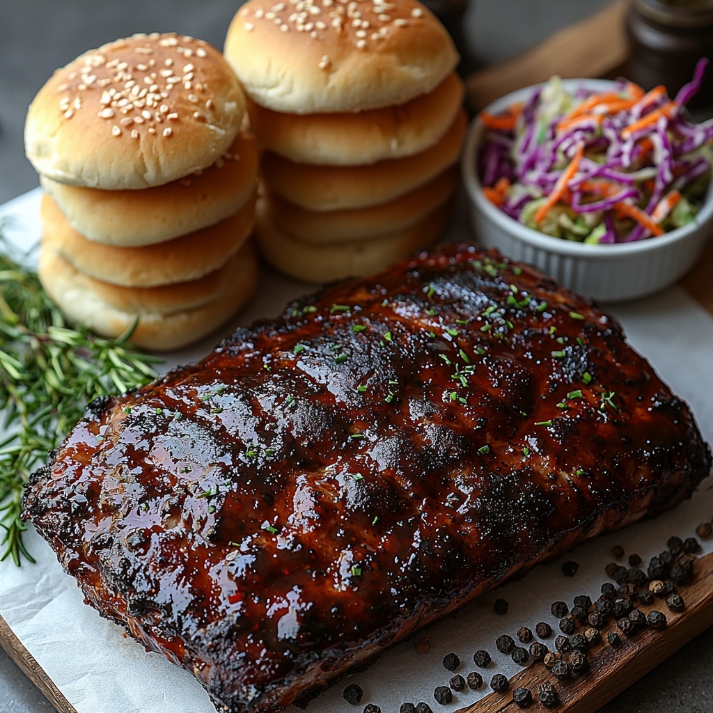 3 - A clean white surface with a rustic 3 lb pork shoulder raw and seasoned with salt and pepper, next to a small bowl of rich, glossy dark red BBQ sauce, lightly glazed and textured. Nearby, a stack of soft, golden brown burger buns with a slight sheen, arranged neatly. Include a small bowl of creamy, colorful coleslaw with shredded cabbage and carrots for a fresh pop of color. Scattered whole black peppercorns and a sprinkle of coarse salt crystals artistically placed around ingredients. Natural diffused light highlighting the moist texture of the pork and the layered buns, with subtle shadows for depth. The composition is balanced and airy, emphasizing the contrast of textures and warm colors. Overhead shot, top down view, flat lay photography, professional food styling --ar 1:1 --q 2 --s 750 --v 6.1