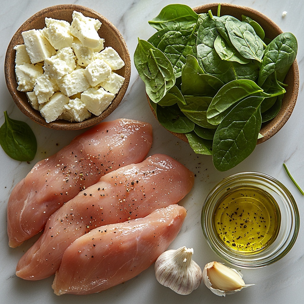 4 - A clean white marble surface with four raw chicken breasts arranged evenly spaced in a soft diagonal line. Nearby, a small rustic bowl overflowing with fresh, vibrant green spinach leaves shows crisp textures. Next to it, a small open bowl of crumbly white feta cheese, with some scattered crumbles for texture contrast. A small glass dish contains golden olive oil, catching light with a slight shimmer. A few cloves of fresh garlic with papery skins intact lie casually beside the bowls. Natural daylight softly illuminates the scene, casting gentle shadows to enhance textures. Minimalistic styling with subtle sprigs of herbs for an organic Mediterranean feel. Overhead shot, top down view, flat lay photography, professional food styling --ar 1:1 --q 2 --s 750 --v 6.1