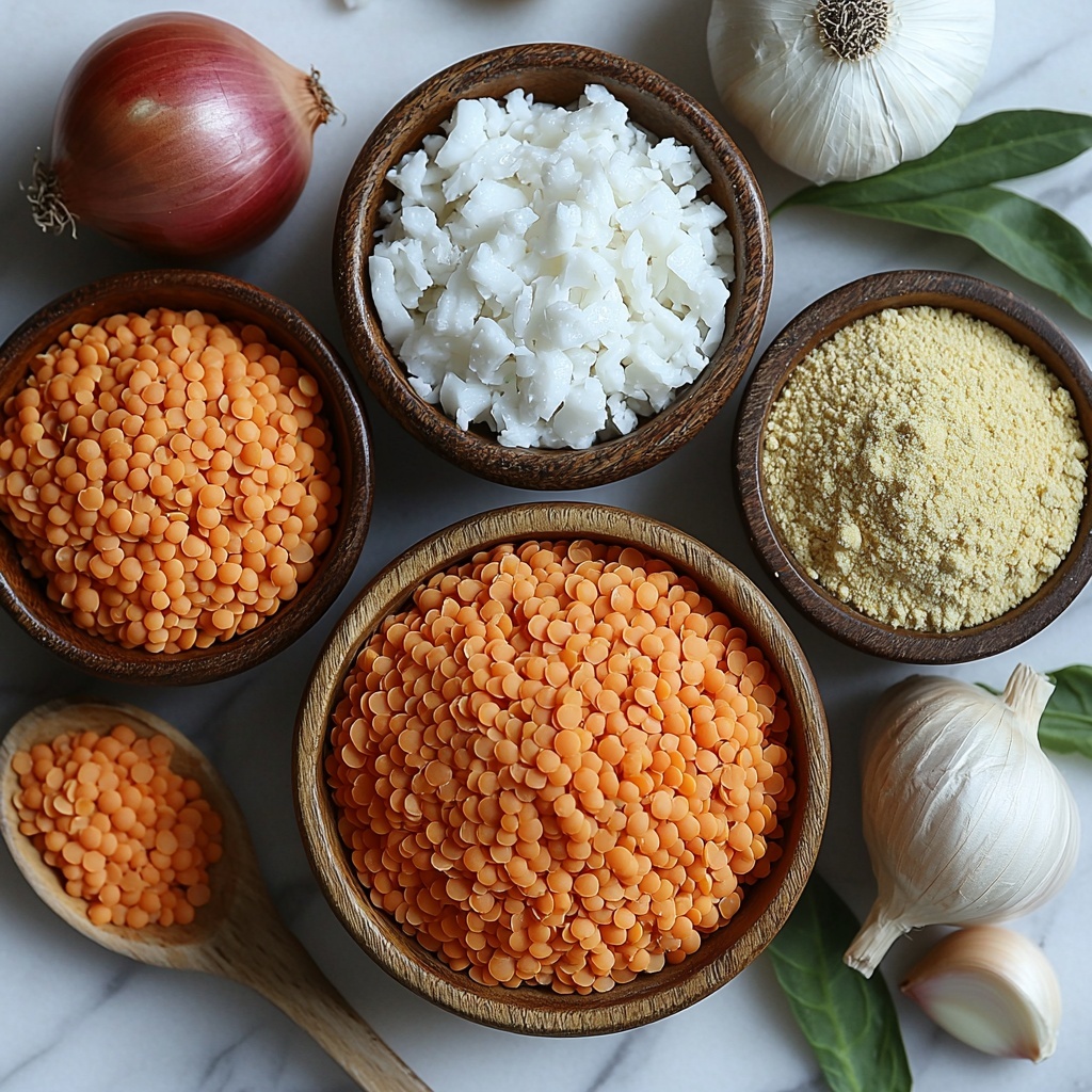 5 - red lentils in a small wooden bowl with vibrant orange-red color and coarse texture, a can of creamy white coconut milk partially opened showing smooth liquid inside, bright yellow curry powder in a rustic ceramic dish, a whole onion with smooth golden-brown skin, several peeled garlic cloves with a matte white surface, all ingredients neatly arranged on a clean white marble surface with natural soft lighting casting gentle shadows, minimalist styling with subtle green leaves as accents for contrast, emphasizing rich colors and varied textures, rustic wooden spoon placed casually nearby, overhead shot, top down view, flat lay photography, professional food styling --ar 1:1 --q 2 --s 750 --v 6.1
