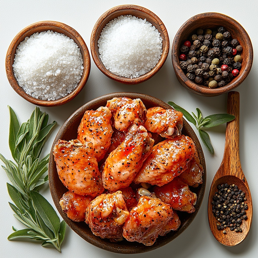 6 - Chicken wings, raw, plump and pale pink with skin texture visible; piles of fine white baking powder in small ceramic bowls; coarse sea salt crystals scattered neatly; freshly ground black pepper in a small wooden bowl; ingredients arranged artfully on a smooth, bright white clean surface; natural daylight highlighting textures and colors; rustic wooden spoon resting beside the bowls; minimalist styling with a few green herb sprigs for subtle contrast; shadows soft and natural to emphasize freshness and simplicity — overhead shot, top down view, flat lay photography, professional food styling --ar 1:1 --q 2 --s 750 --v 6.1