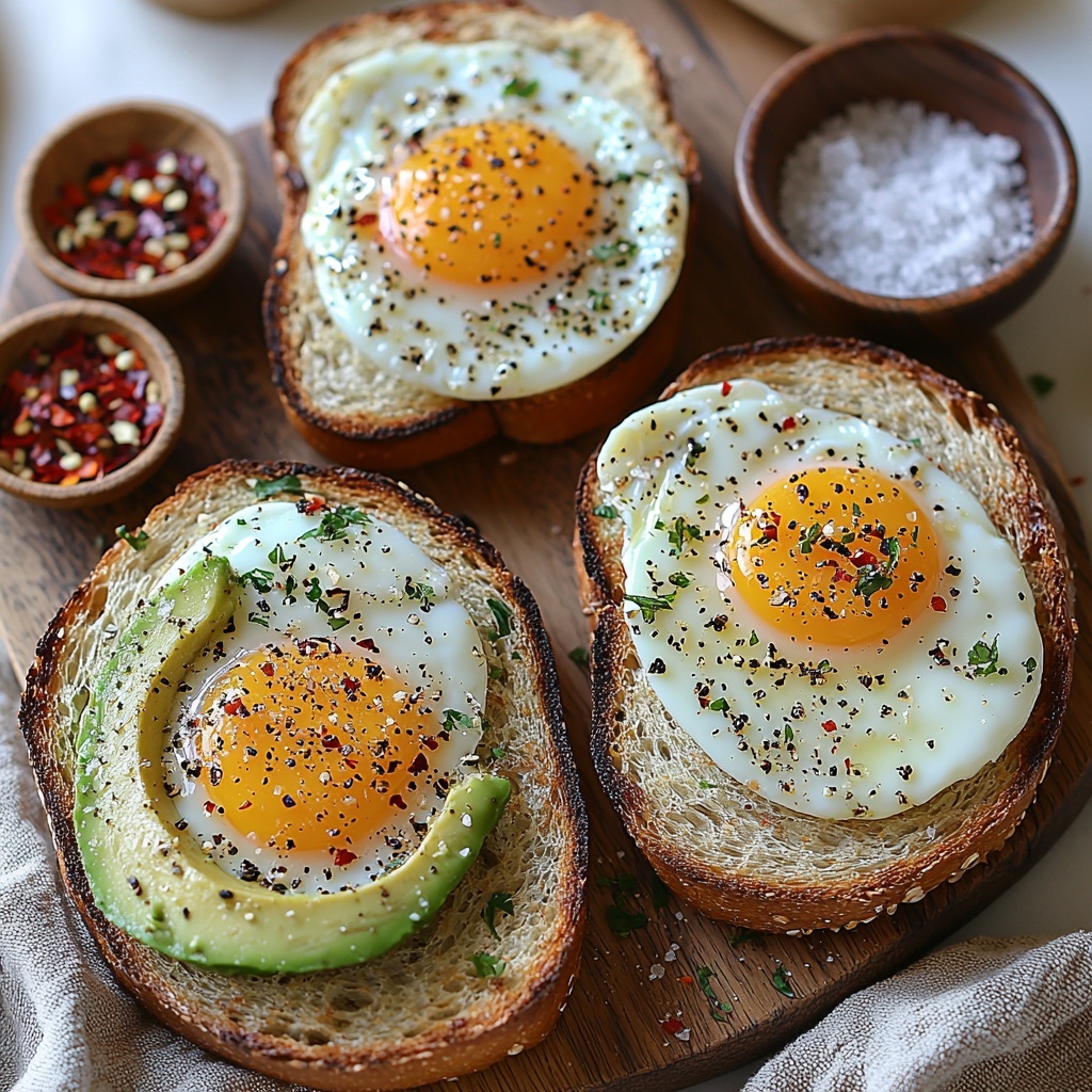 7 - A clean white surface with two golden toasted bread slices placed side by side, a ripe avocado halved showing its creamy green flesh and smooth texture positioned nearby, two freshly cooked eggs with bright yellow yolks and glossy whites artfully cracked open on a small ceramic dish, small bowls of coarse salt and cracked black pepper arranged neatly, a sprinkle of vibrant red chili flakes in a tiny dish adding a pop of color. Natural soft daylight highlights the contrasting textures—the crisp toast, creamy avocado, silky eggs—styled with minimal rustic props like a wooden spreader and linen napkin. Overhead shot, top down view, flat lay photography, professional food styling --ar 1:1 --q 2 --s 750 --v 6.1