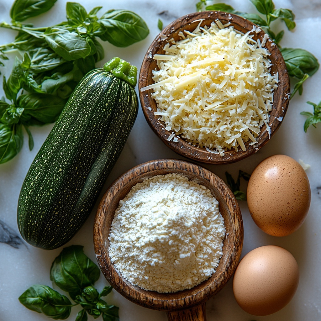 10 - A clean white marble surface with two fresh zucchinis—one whole and one partially grated, showcasing the bright green skin and pale green interior shreds in a small rustic bowl; a smooth brown egg placed next to a small mound of fine white flour on a wooden spoon; a small dish of grated golden Parmesan cheese with fine, slightly crumbly texture; natural soft daylight casting gentle shadows; minimalistic styling with a few sprigs of fresh herbs for subtle color contrast; all ingredients neatly arranged in a balanced composition emphasizing textures and colors—overhead shot, top down view, flat lay photography, professional food styling --ar 1:1 --q 2 --s 750 --v 6.1