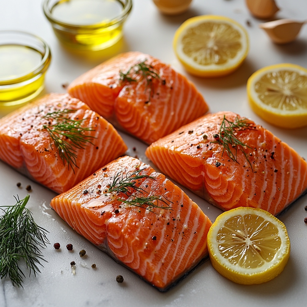 11 - a clean white background with fresh salmon fillets arranged neatly, their rich pink-orange flesh contrasted by thin, bright yellow lemon slices scattered artfully around them, delicate sprigs of vibrant green dill placed both atop the salmon and beside it, small glass bowls of golden olive oil glistening under soft, natural light, the texture of the salmon showing subtle marbling, the lemon slices revealing juicy, translucent segments, and the dill adding feathery detail, all composed with balanced spacing and minimalist elegance, overhead shot, top down view, flat lay photography, professional food styling --ar 1:1 --q 2 --s 750 --v 6.1