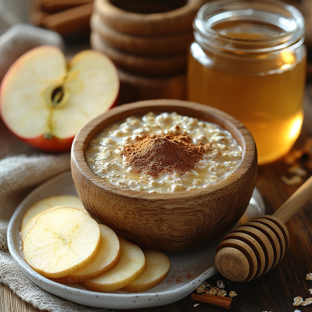 12 - Rolled oats in a small wooden bowl, creamy milk in a glass jug, a fresh red apple quartered and thinly sliced showing its crisp texture, a small heap of warm brown cinnamon powder sprinkled neatly on a white ceramic plate, and a drizzle of golden honey in a clear glass jar with a wooden honey dipper resting beside it. All ingredients arranged artfully on a clean light wood surface, with soft natural light casting gentle shadows. The colors contrast beautifully: the pale oats and milk, the vibrant red apple, the rich brown cinnamon, and the glossy amber honey. Textures range from smooth and creamy to rough and grainy, creating visual interest. A neutral linen napkin folded casually at the corner adds a cozy touch. overhead shot, top down view, flat lay photography, professional food styling --ar 1:1 --q 2 --s 750 --v 6.1
