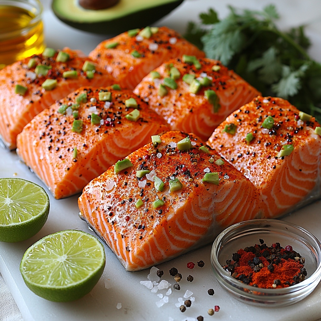 1- 4 fresh salmon fillets with bright pink-orange flesh and silver skin, a small bowl of deep red Cajun seasoning powder, a clear glass dish with golden olive oil, a ripe avocado cut into vibrant green diced cubes showing creamy texture, a whole lime halved to reveal juicy bright green segments with zest sprinkled nearby, small piles of coarse salt and cracked black pepper, a bunch of fresh cilantro leaves with deep green color scattered artistically, all arranged neatly on a clean white matte surface with soft natural lighting highlighting the vivid colors and contrasting textures, slight shadows for depth, minimalistic and balanced composition emphasizing freshness and rustic elegance, overhead shot, top down view, flat lay photography, professional food styling --ar 1:1 --q 2 --s 750 --v 6.1