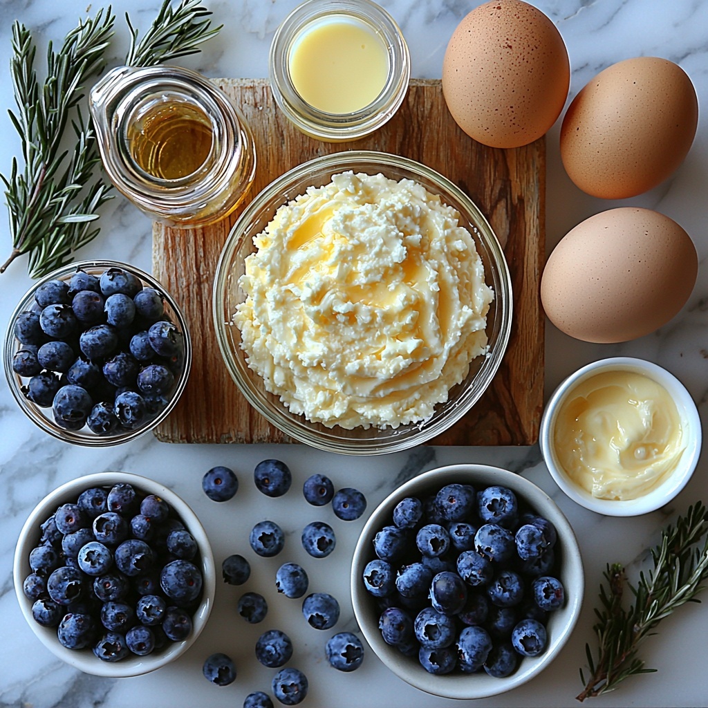 2- A clean white marble surface with a neat arrangement of ingredients for mini lemon blueberry cheesecakes: a small bowl of golden graham cracker crumbs next to a clear glass bowl filled with melted butter glistening softly. Nearby, a block of smooth, creamy white softened cream cheese on a wooden board, with a small heap of fine white granulated sugar beside it. Two brown large eggs rest in delicate white ceramic holders. A small glass pitcher holds pale yellow fresh lemon juice, accompanied by a small dish with bright yellow lemon zest. Fresh plump blueberries scatter organically around the setup, displaying deep blue and purple hues with a natural bloom on their skin. A small bottle of vanilla extract stands nearby, adding amber tones. For the sauce ingredients, a clear bowl shows fresh blueberries with a sprinkle of sugar, and a tiny glass container with water sits next to another small dish of lemon juice. The composition balances rustic and fresh elements with natural light casting gentle shadows, emphasizing the varied textures of crumbly, creamy, juicy, and zesty ingredients. Overhead shot, top down view, flat lay photography, professional food styling --ar 1:1 --q 2 --s 750 --v 6.1