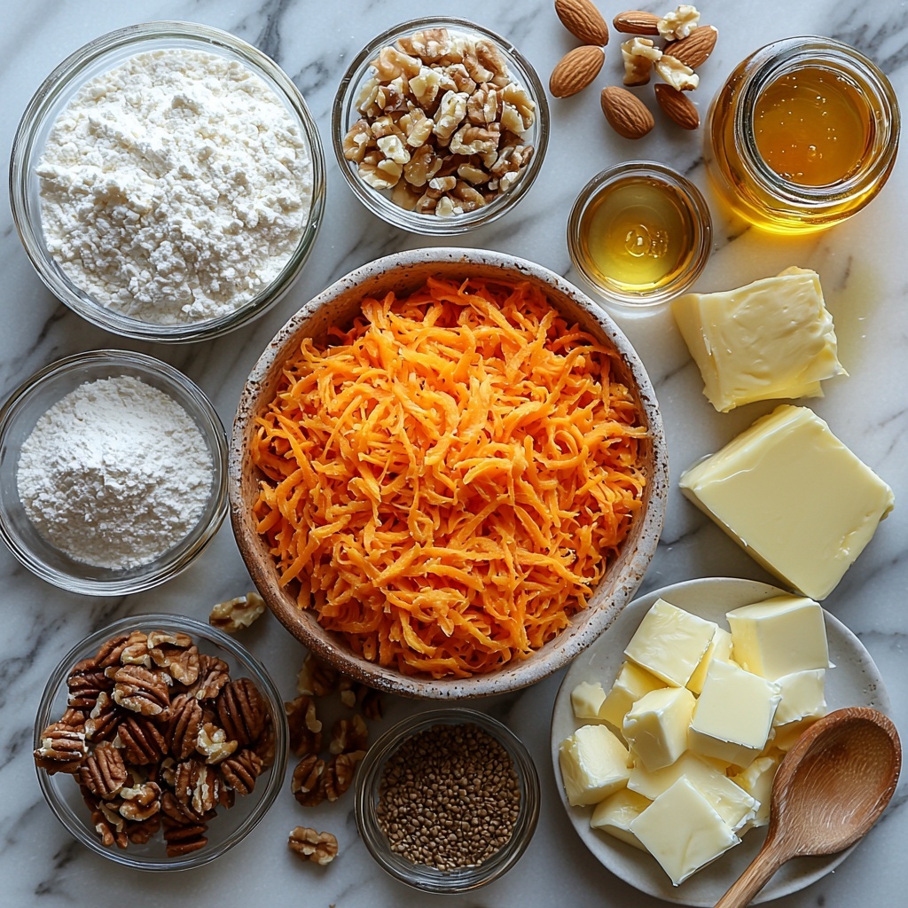 3- Pineapple Carrot Cream Cake ingredients neatly arranged on a clean white marble surface: a rustic bowl filled with bright orange grated carrots showing fine texture, a small glass jar of golden honey glistening under soft light, a clear bowl with fluffy white all-purpose flour, a small mound of light brown baking powder and baking soda powder, tiny piles of warm-toned ground cinnamon, nutmeg, and ginger powders artistically scattered nearby, a shallow dish of glossy vegetable oil reflecting light, four large fresh eggs with smooth shells, a bowl of drained crushed pineapple chunks showing juicy, translucent yellow pieces, a small bowl of chopped walnuts with rich brown textures, and a butter slab alongside a block of cream cheese and a honey drizzle spoon for frosting ingredients; delicate vanilla beans or a vanilla extract bottle subtly placed for detail. The composition is bright and airy, with natural daylight highlighting the vibrant colors and varied textures, shadows soft and minimal, styled with minimal props like linen napkins and a wooden spoon, creating a warm, inviting, and fresh atmosphere. overhead shot, top down view, flat lay photography, professional food styling --ar 1:1 --q 2 --s 750 --v 6.1