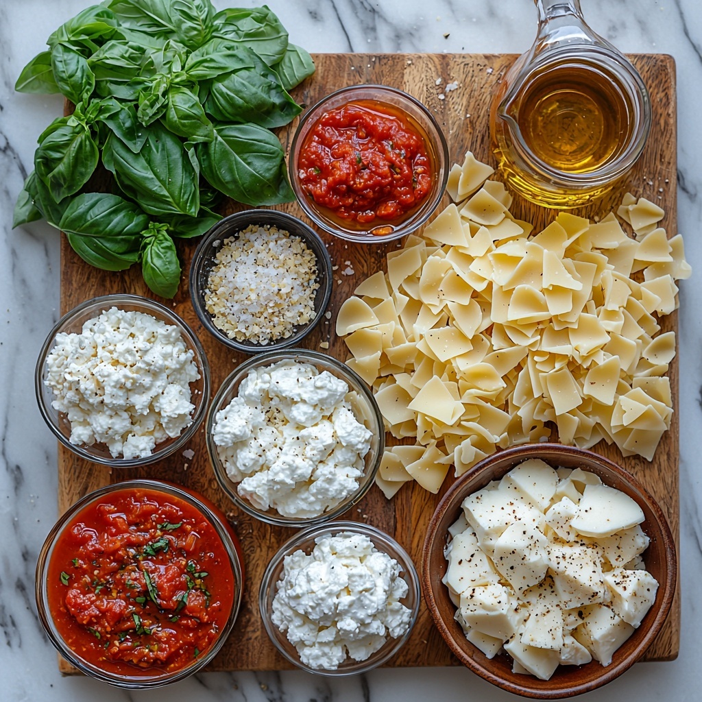 4- A vibrant flat lay of ingredients for creamy lasagna soup arranged neatly on a clean white marble surface. Small glass bowls filled with bright red tomato basil pasta sauce and deep red diced canned tomatoes sit next to rustic ceramic bowls of shredded mozzarella cheese, freshly grated parmesan cheese, and creamy white ricotta cheese with soft, fluffy textures. A wooden cutting board holds finely diced translucent white onion and minced garlic cloves alongside a small heap of red pepper flakes and dried oregano leaves, adding specks of warm red and herb greens. A small glass jar of golden olive oil with a reflective sheen is nearby. Raw broken lasagna noodles with a pale beige color fan out gently, showing their slightly rough texture. A clear glass pitcher of rich, amber chicken broth catches the light, next to a half cup measuring cup filled with silky heavy cream. Fresh vibrant green chopped basil leaves scattered artfully nearby add a pop of color and fresh herbaceous texture. A small dish of coarse kosher salt completes the arrangement. Warm natural lighting enhances the colors and textures, with soft shadows emphasizing depth and inviting freshness. overhead shot, top down view, flat lay photography, professional food styling --ar 1:1 --q 2 --s 750 --v 6.1