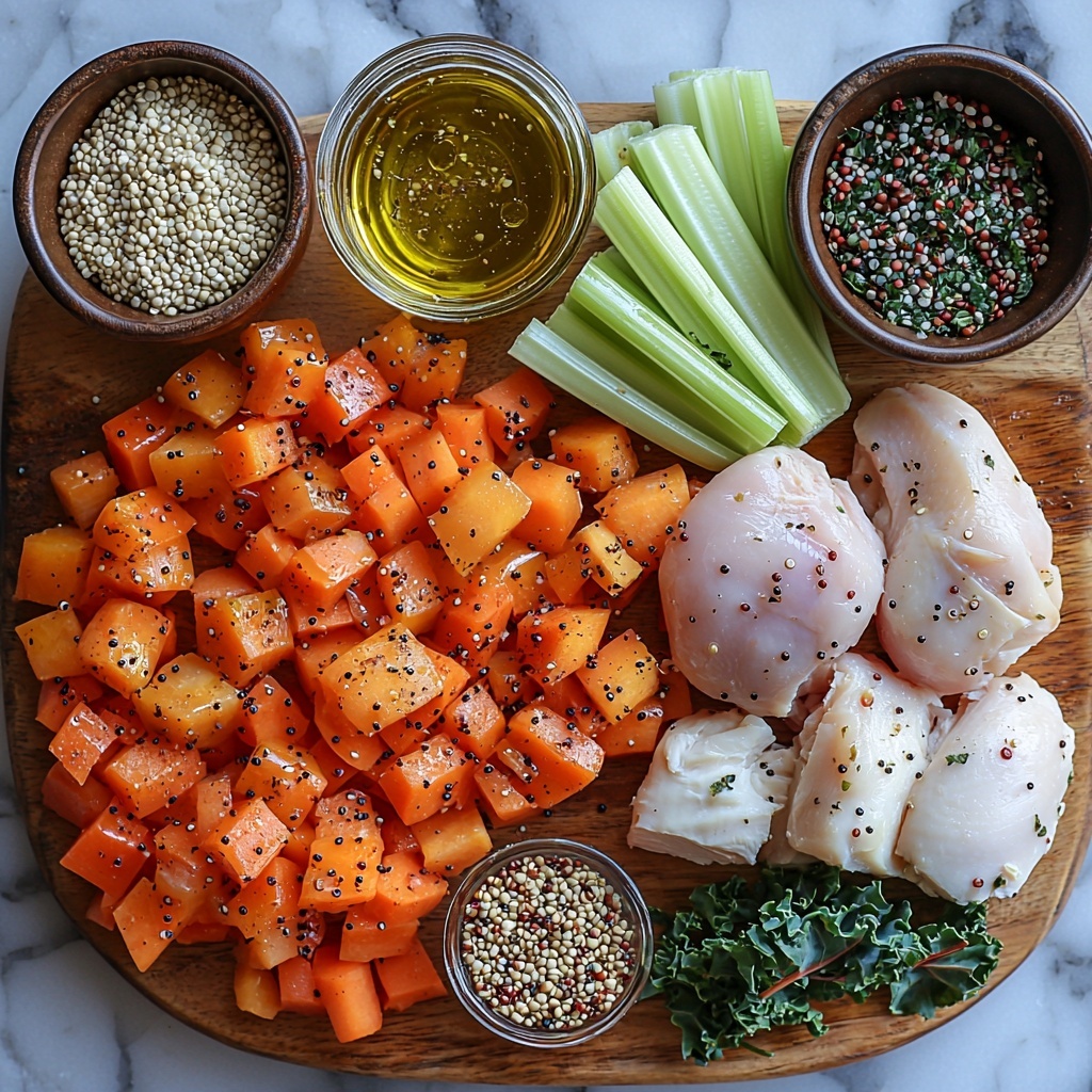 5- A clean white marble surface neatly arranged with the main ingredients for nourishing chicken quinoa soup: a small glass bowl of golden olive oil, four large peeled garlic cloves finely minced and scattered beside them, a medium yellow onion diced into small cubes in a rustic wooden bowl, a small heap of dried thyme sprigs with delicate texture next to the onion, bright orange chopped carrots (about 1.5 cups) and vibrant green chopped celery (1.5 cups) placed side by side on a simple ceramic plate, two raw chicken breasts with smooth pale pink skin resting on a wooden cutting board, a shiny can of diced tomatoes with juice partially opened revealing rich red tomato chunks, a small bowl of thick deep red tomato paste, a tiny cup holding bright red wine vinegar, a clear glass bowl filled with pearly uncooked quinoa grains, a large measuring cup with golden chicken broth showing subtle sheen, a loose pile of deep emerald torn kale leaves with crinkly texture, and salt and pepper sprinkled artistically in small wooden spoons. The ingredients are thoughtfully spaced to highlight their distinct colors and textures, with natural soft lighting casting gentle shadows, styled with fresh herbs and simple kitchen utensils for a warm, inviting feel. Overhead shot, top down view, flat lay photography, professional food styling --ar 1:1 --q 2 --s 750 --v 6.1