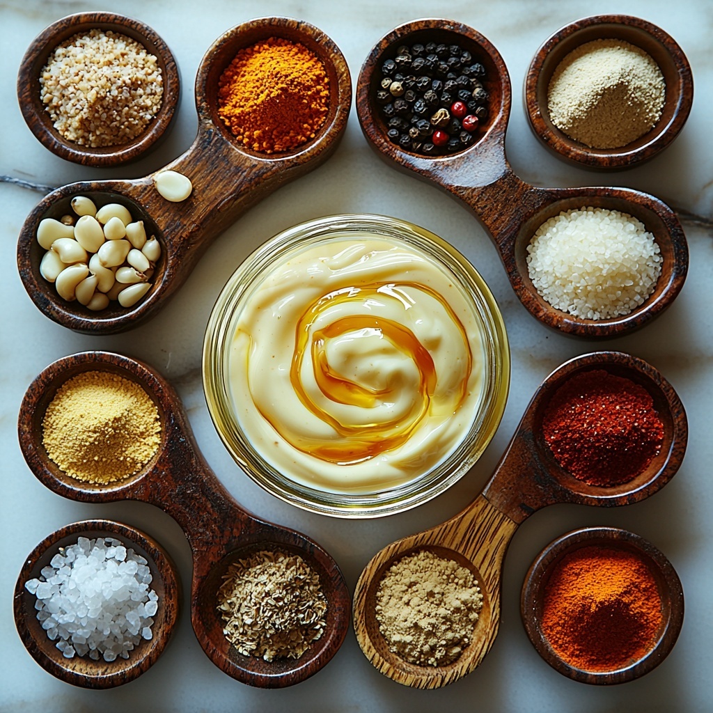 8- Creamy white mayonnaise in a small glass bowl, a small jar of bright yellow Dijon mustard, a clear measuring spoon with pale golden apple cider vinegar, a small bottle of vibrant red hot sauce with smooth glossy texture, small white ceramic spoons containing off-white garlic powder, light beige onion powder, deep reddish-brown smoked paprika, and bright red cayenne pepper powder, a small wooden spoon with golden honey glistening under soft light, coarse white salt crystals and black freshly ground peppercorns on rustic ceramic spoons. All ingredients are arranged neatly and spaced evenly on a clean white marble surface, showcasing a harmonious mix of creamy, powdery, and liquid textures, accentuated by natural soft daylight and subtle shadows for depth. Overhead shot, top down view, flat lay photography, professional food styling --ar 1:1 --q 2 --s 750 --v 6.1