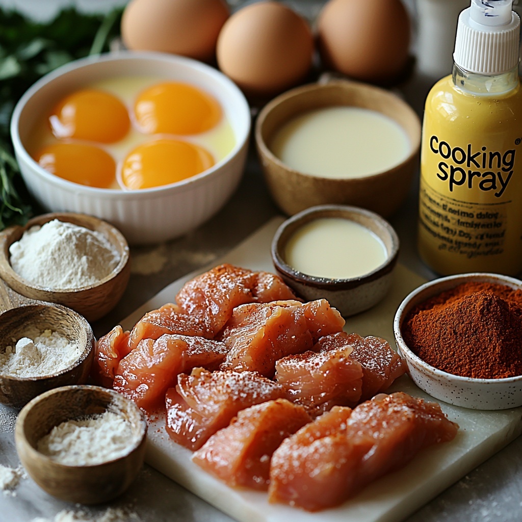 9- A clean, bright surface with the main ingredients for crispy oven baked chicken tenders artfully arranged in a flat lay composition. Centered are raw chicken tenders, plump and pale pink with a smooth texture. To one side, a small white bowl filled with fluffy all-purpose flour, bright white and powdery, next to another bowl holding a glossy egg wash mixture of two large eggs and creamy milk, with a rich yellow color and slight shine. Nearby, a rustic bowl contains golden, coarse-textured panko breadcrumbs mixed with warm-toned spices: paprika’s deep red powder, garlic powder’s pale beige dust, and sprinkle of salt and black pepper specks. Scattered loosely around are individual measuring spoons with garlic powder, paprika, salt, and pepper for visual detail. A small spray bottle labeled “cooking spray” adds a modern touch. The ingredients are styled with natural lighting highlighting contrasting textures — fluffy flour, smooth eggs, rough breadcrumbs, and tender chicken — creating a harmonious and inviting arrangement. Minimal shadows, soft focus edges, emphasizing freshness and simplicity. Background is neutral to keep focus on ingredients, styled for professional food photography. Overhead shot, top down view, flat lay photography, professional food styling --ar 1:1 --q 2 --s 750 --v 6.1