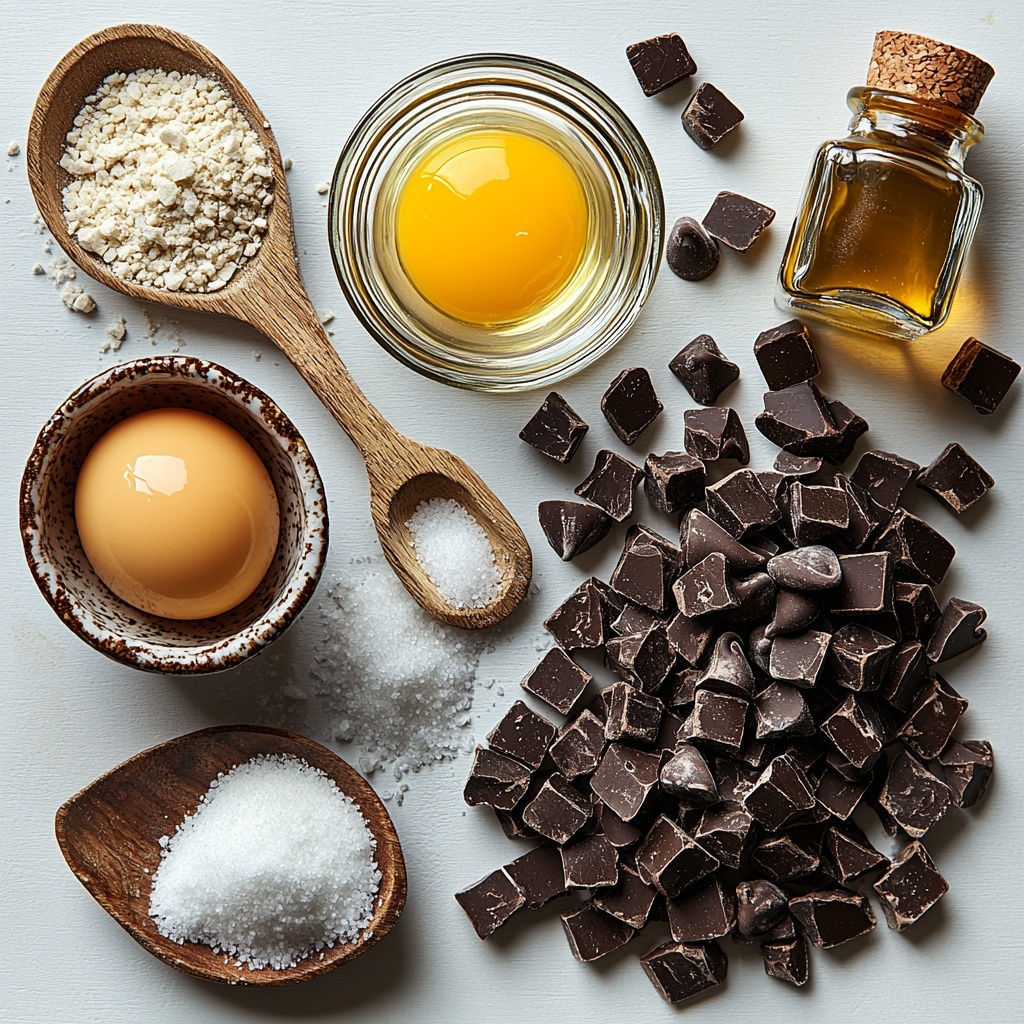 10-  A clean, bright kitchen surface styled for flat lay photography, featuring the main ingredients for small batch chocolate chip cookies. Neatly arranged are ¾ cup of sifted all-purpose flour in a small rustic ceramic bowl, a tiny heap of fine sea salt crystals on a white porcelain spoon, and a small mound of light brown sugar next to a separate pile of granulated sugar, both with natural, slightly coarse textures. Melted unsalted butter in a clear glass measuring cup with warm golden hues, a single large egg yolk in a small white ramekin with a glossy surface, and a small bottle of pure vanilla extract with a tiny amount poured on a wooden spoon. Scattered semi-sweet chocolate chips and chunks with shiny, rich dark brown color are spread artfully around the arrangement. A few flakes of flaky sea salt are sprinkled delicately nearby, adding texture contrast. The background is a clean white countertop with soft, natural lighting that enhances the warm tones and highlights textures—the soft grains of sugar, the glossy smooth egg yolk, the rich butter sheen, and the matte flour. Shadows are gentle and diffuse, emphasizing the freshness and quality of ingredients. Styling includes minimal rustic props like a wooden scoop and a linen napkin folded casually at the edge. Overall, the composition is balanced and inviting, showcasing the simplicity and charm of homemade cookies. Overhead shot, top down view, flat lay photography, professional food styling --ar 1:1 --q 2 --s 750 --v 6.1