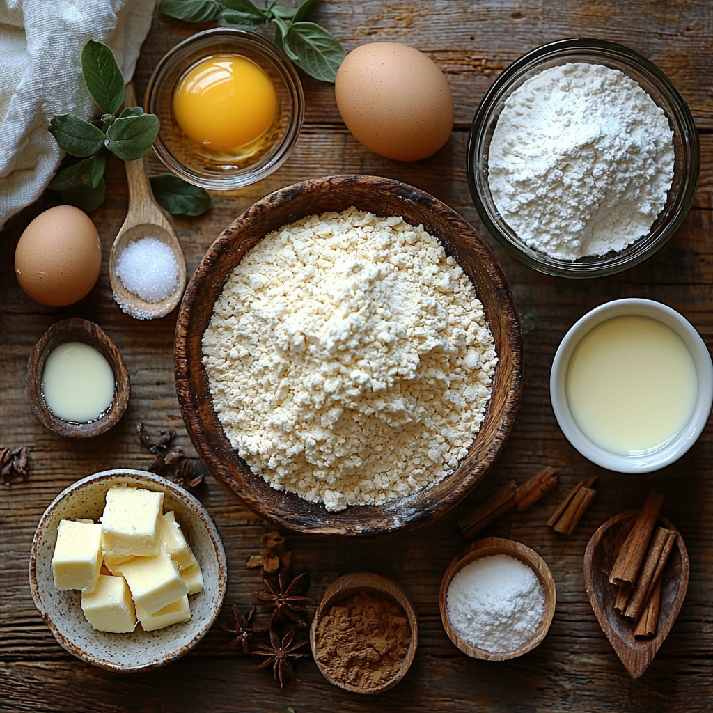 11- Flat lay photography of all-purpose flour in a small rustic bowl, a heap of granulated sugar in a glass dish, packed brown sugar spilling slightly on a wooden spoon, ground cinnamon in a small ceramic bowl with a cinnamon stick nearby, a slab of softened unsalted butter on parchment paper, a cracked open egg showing yolk in a white ramekin, a tiny glass bowl of vanilla extract with amber liquid glistening, baking soda and salt in small white porcelain spoons arranged neatly, powdered sugar lightly sifted on a vintage metal sieve, cream cheese portioned on a small plate next to a small glass bowl of milk. Ingredients are artfully spaced on a clean, light-colored wooden surface with natural daylight illuminating the scene, soft shadows creating depth. Warm, cozy tones highlight the textures — powdery flour, crystalline sugars, smooth butter, and rich cinnamon dust — styled with minimal greenery accents and a linen cloth casually folded nearby. Overhead shot, top down view, flat lay photography, professional food styling --ar 1:1 --q 2 --s 750 --v 6.1