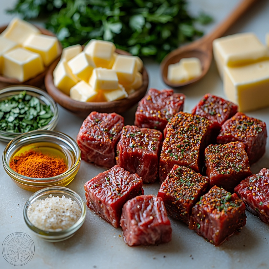 9- Cajun steak bites and cheesy garlic shells ingredients arranged on a clean white marble surface: bite-sized raw sirloin steak cubes dusted with deep red Cajun seasoning, small heap of bright green freshly chopped parsley, glossy golden olive oil in a small glass bowl, two types of butter slabs with creamy pale yellow color, fresh peeled garlic cloves and minced garlic scattered artfully, uncooked medium pasta shells with smooth ivory texture, small bowls filled with shredded sharp cheddar cheese in vibrant orange and finely grated Parmesan cheese in off-white, a rustic wooden spoon with paprika powder showing warm rusty red color, coarse salt crystals and cracked black peppercorns sprinkled lightly around, creamy white heavy cream in a clear measuring cup, a small glass container holding translucent reserved pasta water. Soft natural daylight illuminates the scene, highlighting contrasts between vibrant spices, fresh herbs, and creamy dairy. Minimal shadows, crisp focus on textures, balanced negative space. Overhead shot, top down view, flat lay photography, professional food styling --ar 1:1 --q 2 --s 750 --v 6.1