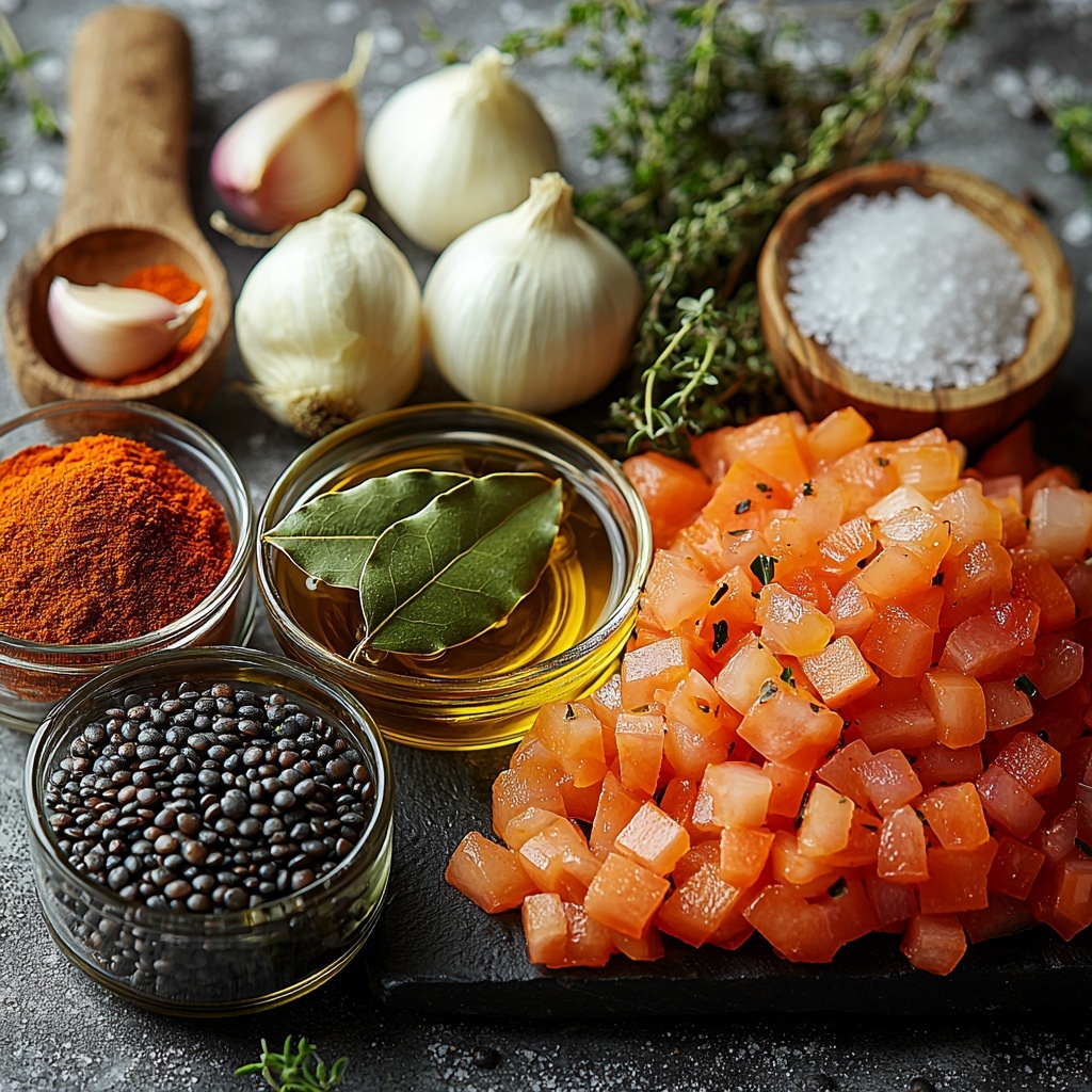 10- olive oil in a small glass bowl with a golden sheen, a single garlic clove finely minced displayed next to it, half an onion finely diced with crisp white and purple layers, one large carrot peeled and finely diced showing vibrant orange cubes, a small dish of rich red tomato paste with glossy texture, a fresh green bay leaf and a sprig of thyme with delicate leaves, a neat pile of dark greenish-brown Puy lentils with a matte finish, a clear glass jug of pale vegetable stock, small bowls of coarse sea salt and ground black pepper contrasting white and black grains, finely chopped bright green parsley sprinkled lightly nearby—all ingredients carefully spaced on a clean white textured surface with soft natural light casting gentle shadows, subtle rustic props like a wooden spoon and linen napkin at the edges adding warmth, emphasizing fresh colors and varied textures—overhead shot, top down view, flat lay photography, professional food styling --ar 1:1 --q 2 --s 750 --v 6.1