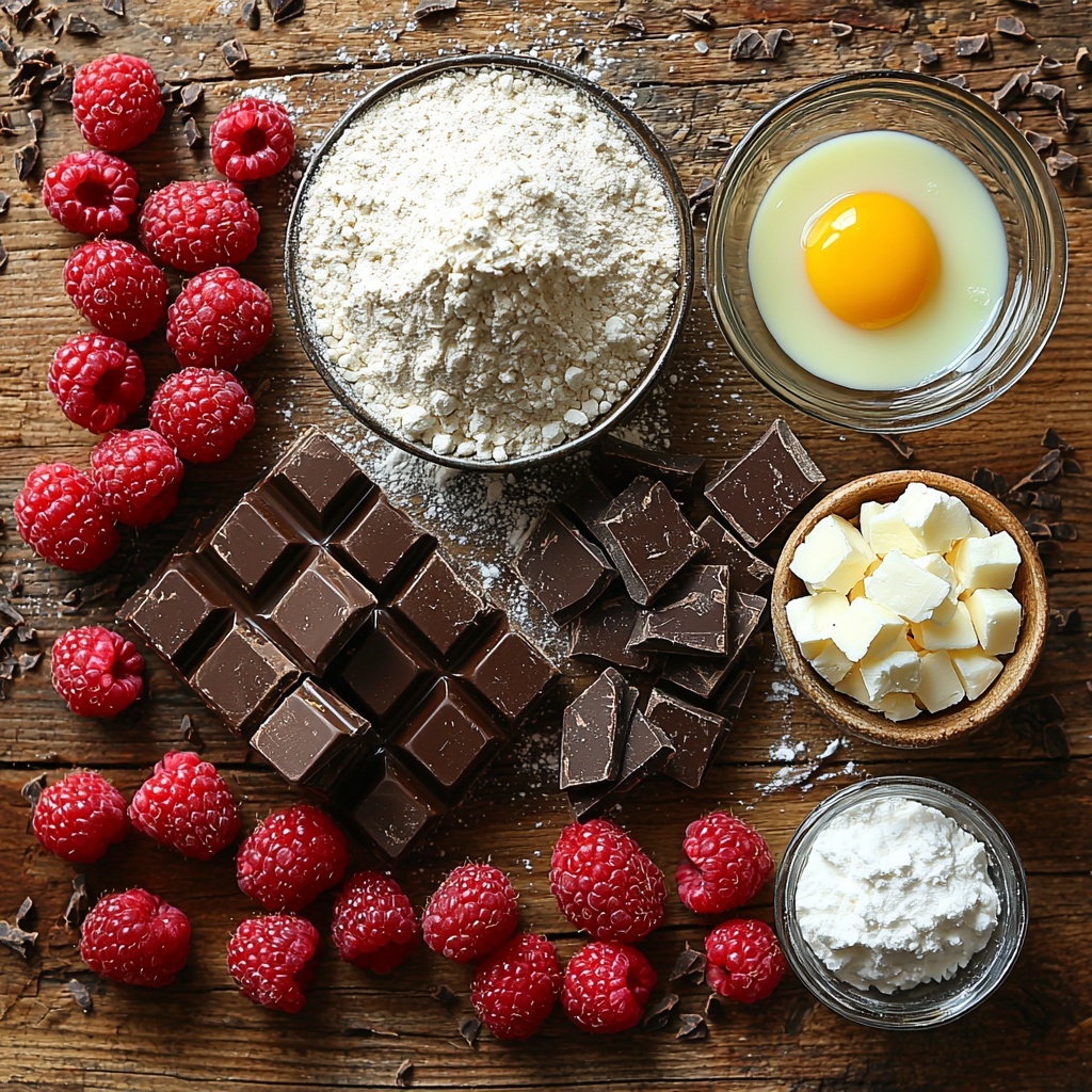 11- a beautifully styled flat lay of all the main ingredients for a chocolate raspberry tart recipe, arranged neatly on a clean, light-colored wooden surface. Include a small bowl of pale beige all-purpose flour, next to a rustic mound of deep brown unsweetened cocoa powder and a fine pile of white powdered sugar. Nearby, cold unsalted butter cut into even cubed pieces showcasing a creamy pale yellow color, sitting on a small marble slab. A single bright golden egg yolk in a tiny glass dish catches the light. Scattered coarse sea salt crystals and a few drops of clear cold water glistening nearby. A set of finely chopped dark chocolate chunks, nearly black with a glossy sheen, and a separate pile of creamy white chocolate pieces with smooth, slightly ivory texture. A small glass cup of rich, pale cream, catching soft natural light. Fresh vibrant red raspberries arranged in clusters with plump and juicy textures visible. A few sprigs of rustic vanilla beans resting casually by a tiny glass bottle of vanilla extract. The composition is clean and balanced, featuring natural daylight with gentle shadows, subtle reflections, and fine details such as the delicate powder dusting on the cocoa and sugar bowls. The focus is crisp, colors rich and inviting, evoking a sense of artisanal craftsmanship and fresh ingredients ready for baking. overhead shot, top down view, flat lay photography, professional food styling --ar 1:1 --q 2 --s 750 --v 6.1