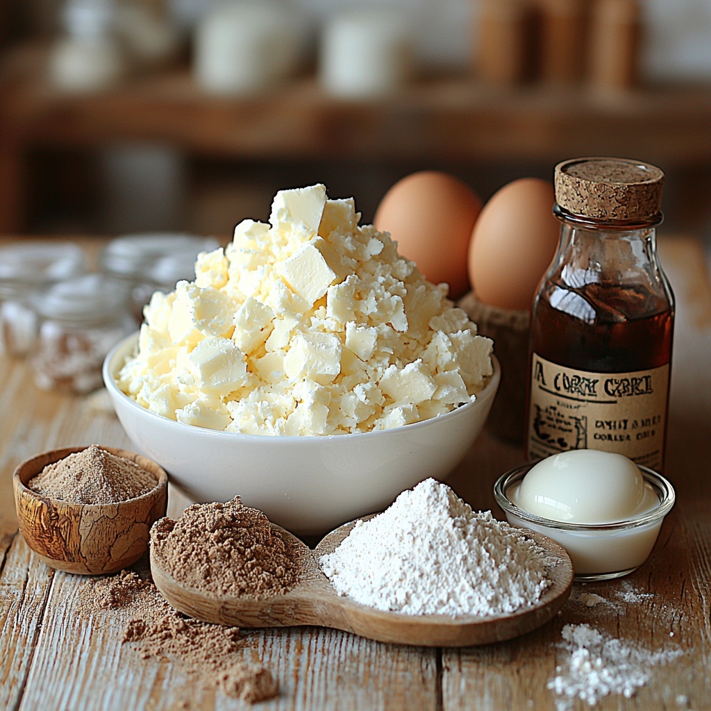 12- 2 cups all-purpose flour in a small white ceramic bowl with a light dusting of flour around it, 1 cup granulated sugar in a clear glass bowl showing sparkling white crystals, 1 tablespoon baking powder in a small wooden spoon, 1/2 teaspoon salt in a tiny glass dish with fine white grains, 1 cup whole milk in a clear measuring cup reflecting soft light, 1/2 cup unsalted butter melted and pooled on a small white plate with creamy golden-yellow hues, 2 large brown eggs with smooth glossy shells, 1 tablespoon vanilla extract in a small amber glass bottle with a rustic label, 1 tablespoon ground cinnamon on a shallow wooden dish showing rich warm brown powder, 1/2 cup packed brown sugar in a rounded heap with a moist, textured surface on a natural wood bowl, 1/2 cup powdered sugar in a fine white mound on a light ceramic plate, 2 tablespoons milk in a small glass ramekin, all ingredients thoughtfully arranged in a balanced circular pattern on a clean light wood surface with soft natural lighting to highlight textures and colors, subtle shadows adding depth, minimal props to keep focus on ingredients, a casual yet refined composition evoking warmth and homestyle baking — overhead shot, top down view, flat lay photography, professional food styling --ar 1:1 --q 2 --s 750 --v 6.1