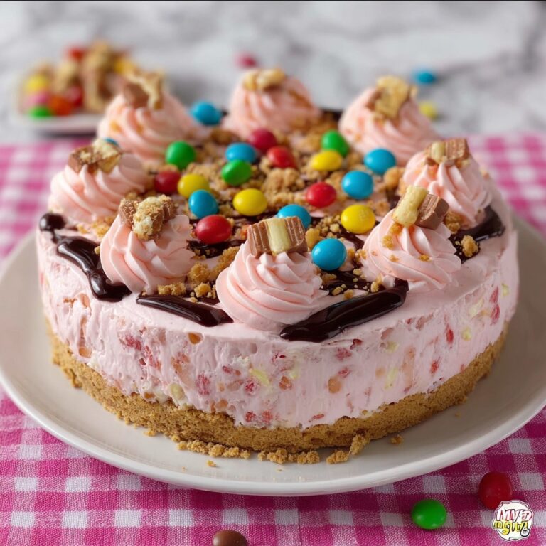 Pink Paradise No Bake M&M Snickers Cheesecake Recipe