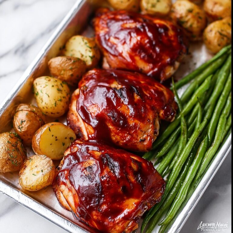 Sheet Pan Chicken, Potatoes, and Green Beans with BBQ Sauce Recipe