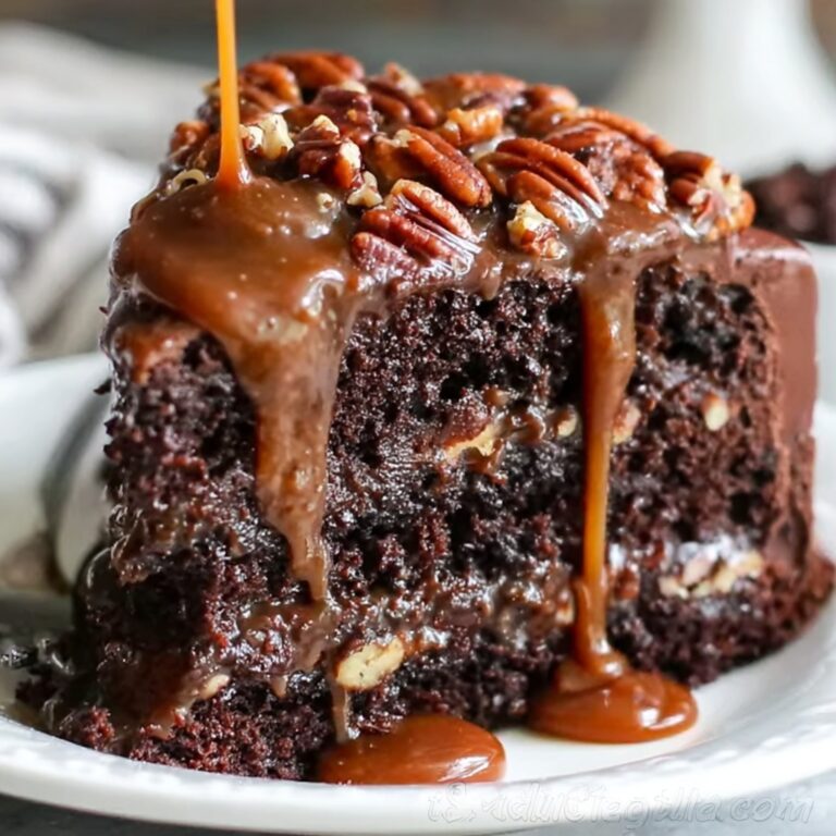 Chocolate Turtle Cake with Caramel, Pecans, and Chocolate Drizzle Recipe